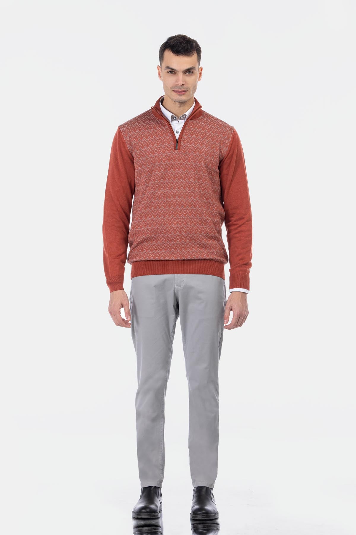 Jacquard Knitted Half-Zipper Brick Pullover