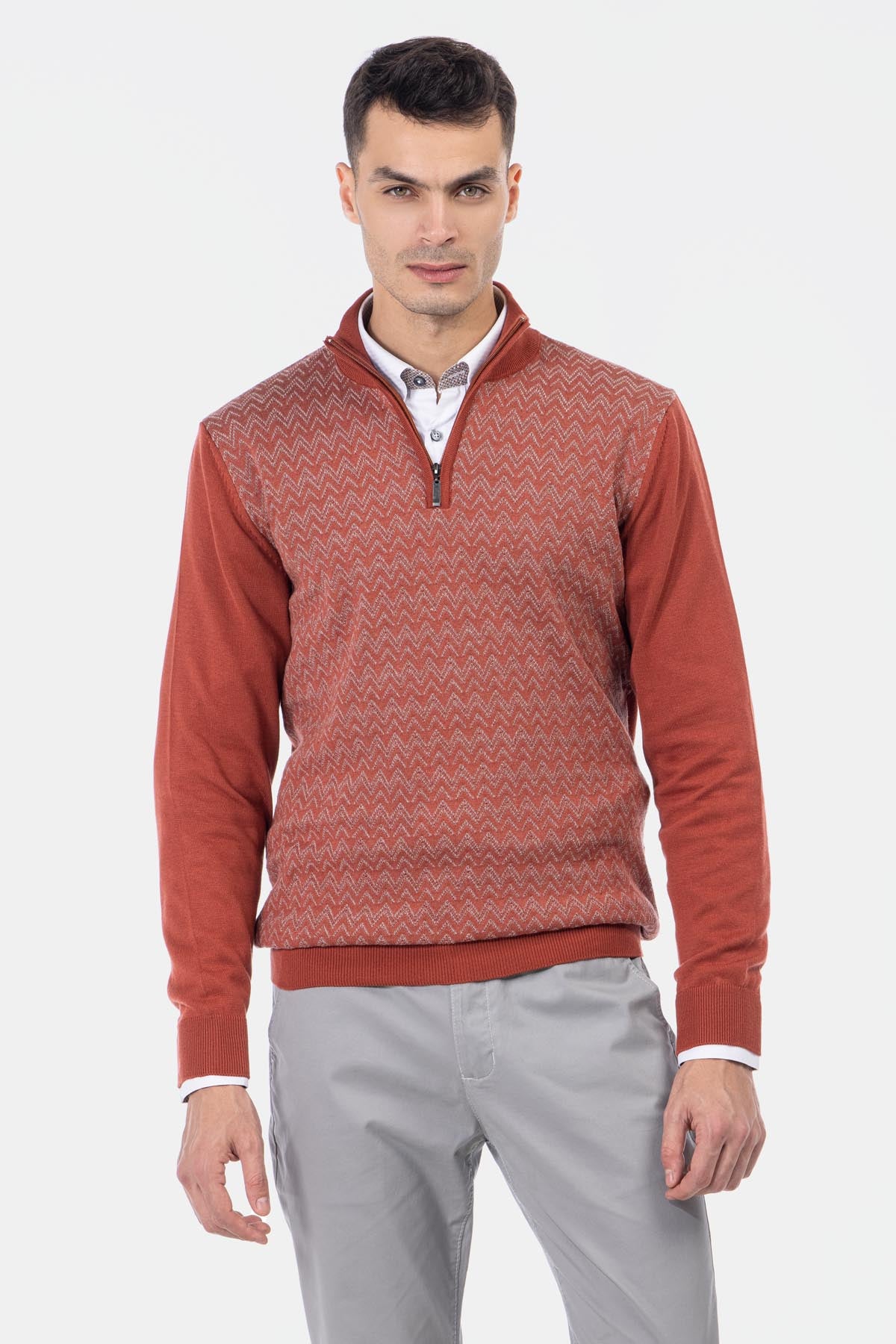 Jacquard Knitted Half-Zipper Brick Pullover