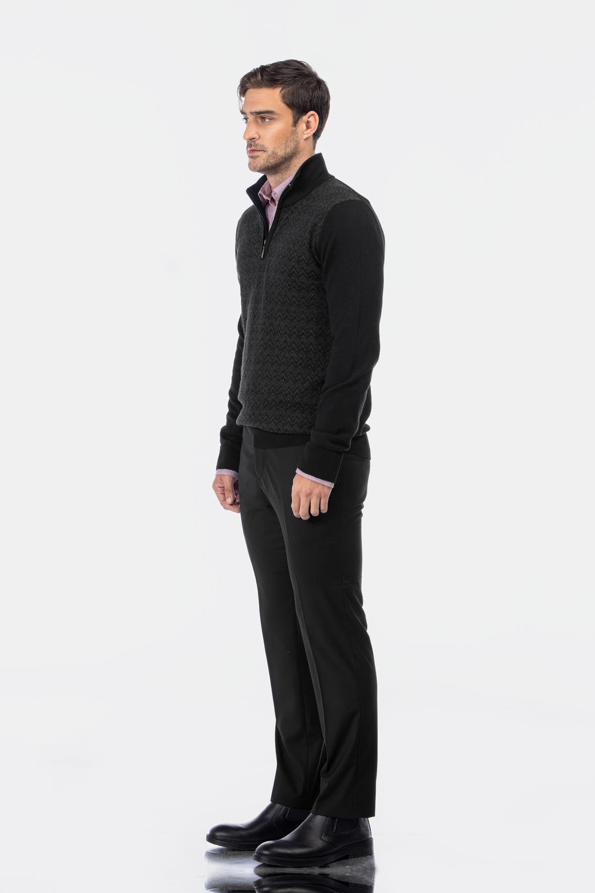 Jacquard Knitted Half-Zipper Saddle Brown  Pullover