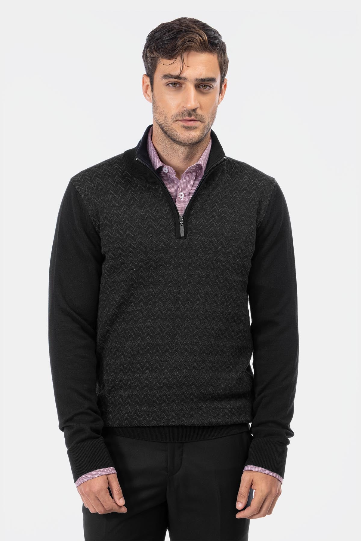 Jacquard Knitted Half-Zipper Saddle Brown  Pullover