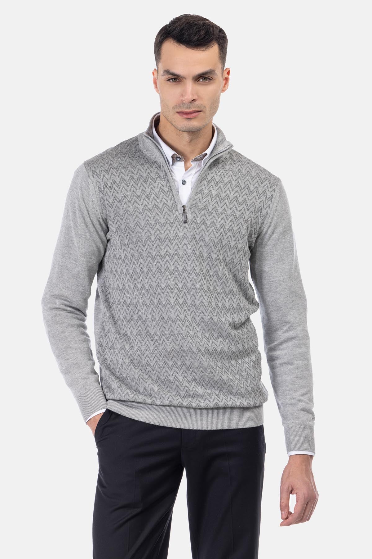 Jacquard Knitted Quarter Zip Gray  Pullover