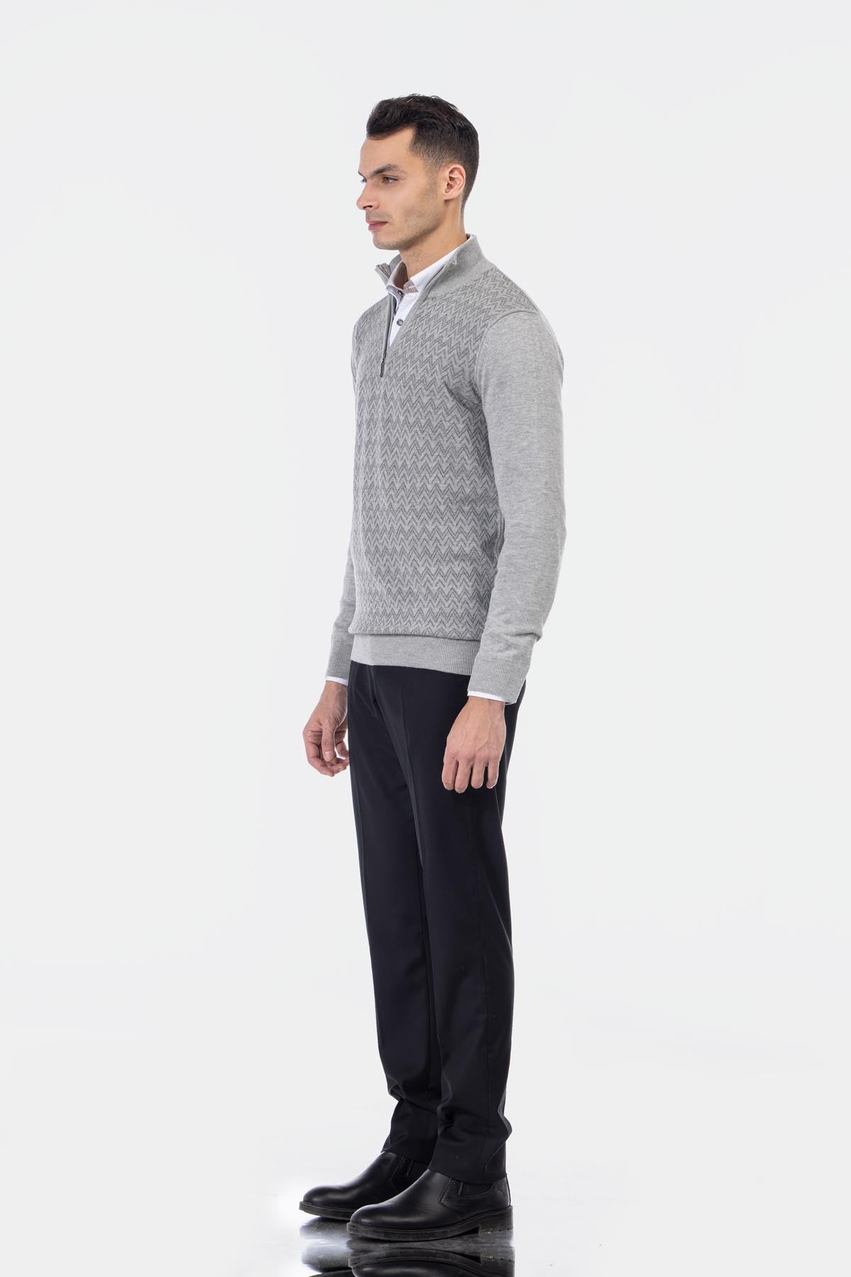 Jacquard Knitted Half-Zipper Gray  Pullover