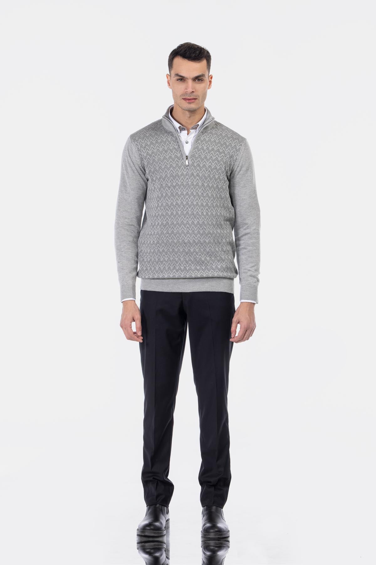 Jacquard Knitted Quarter Zip Gray  Pullover