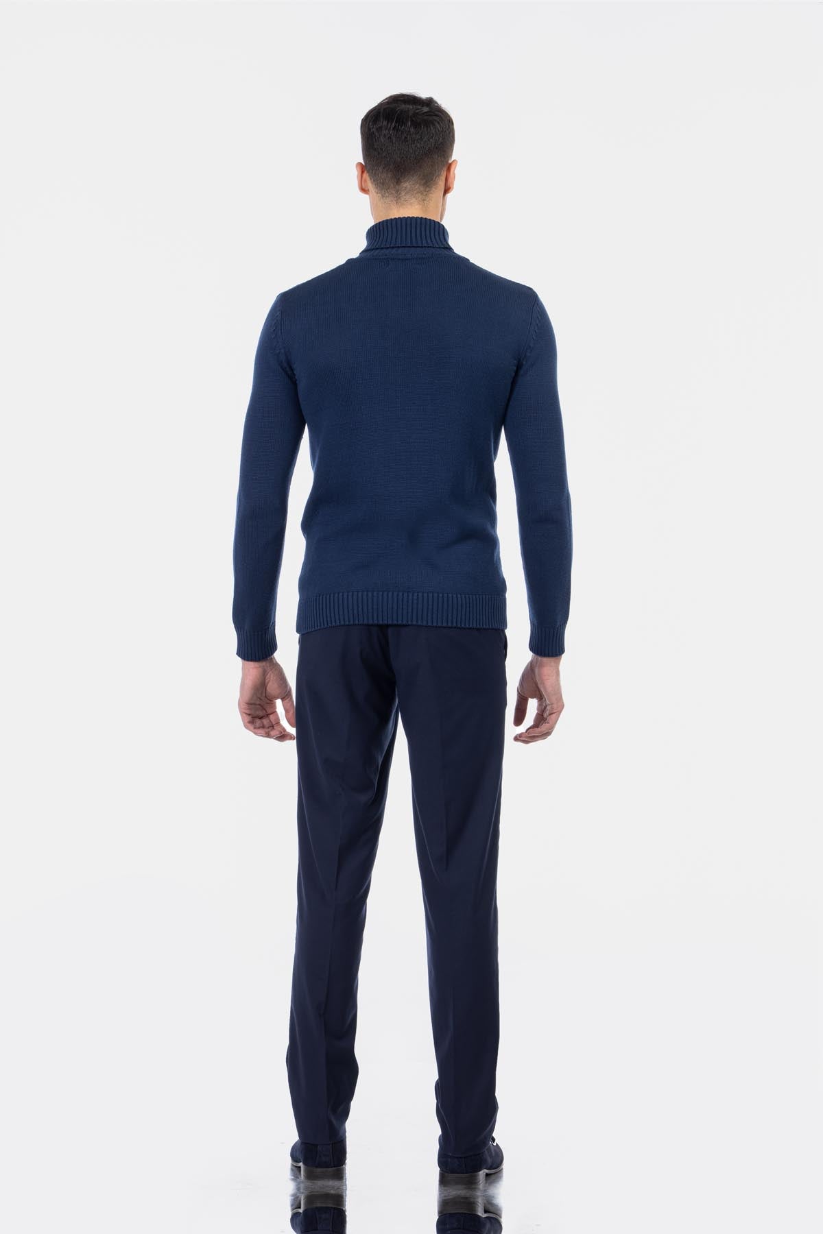 Jacquard Knitted High-neck Navy Pullover