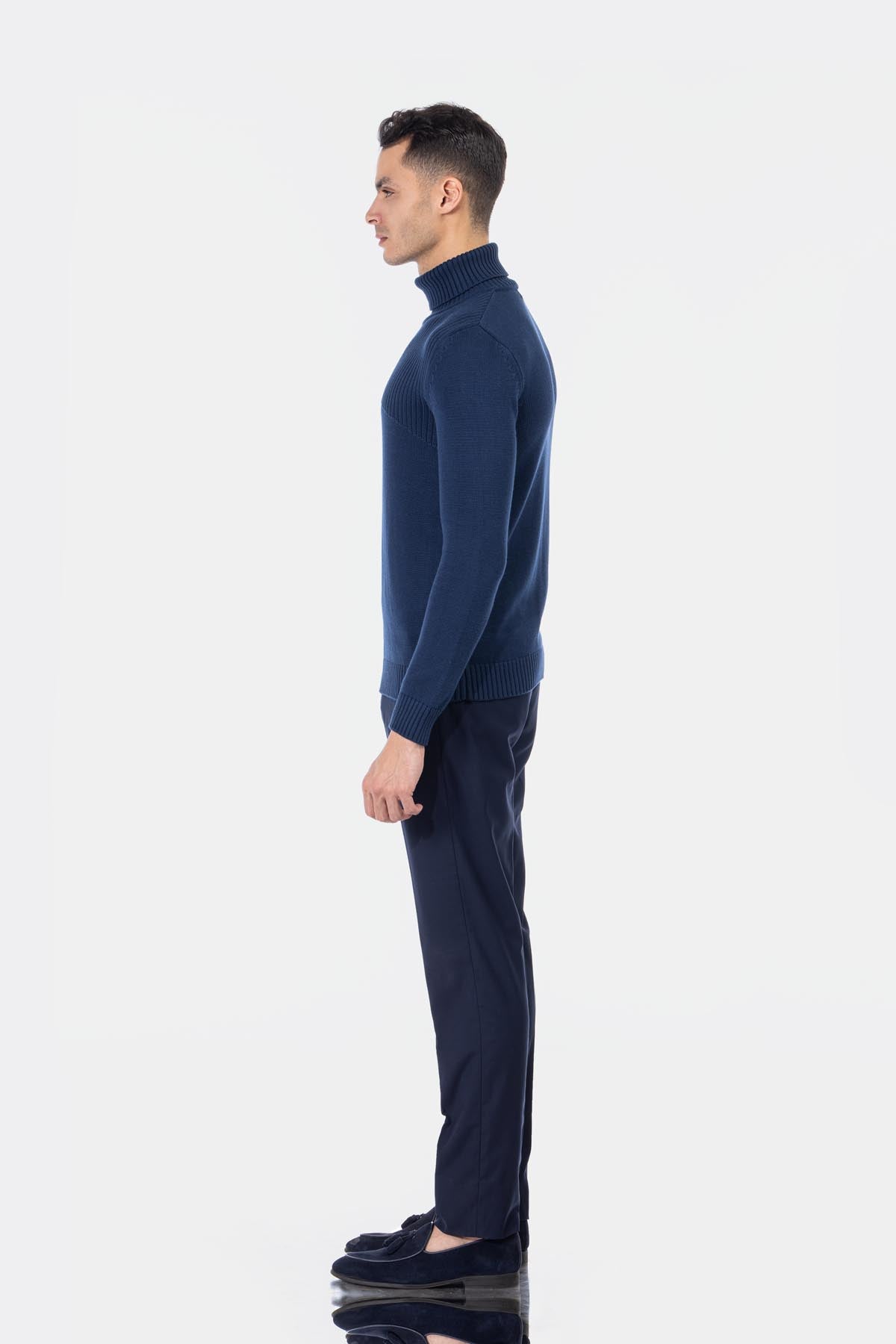 Jacquard Knitted High-neck Navy Pullover