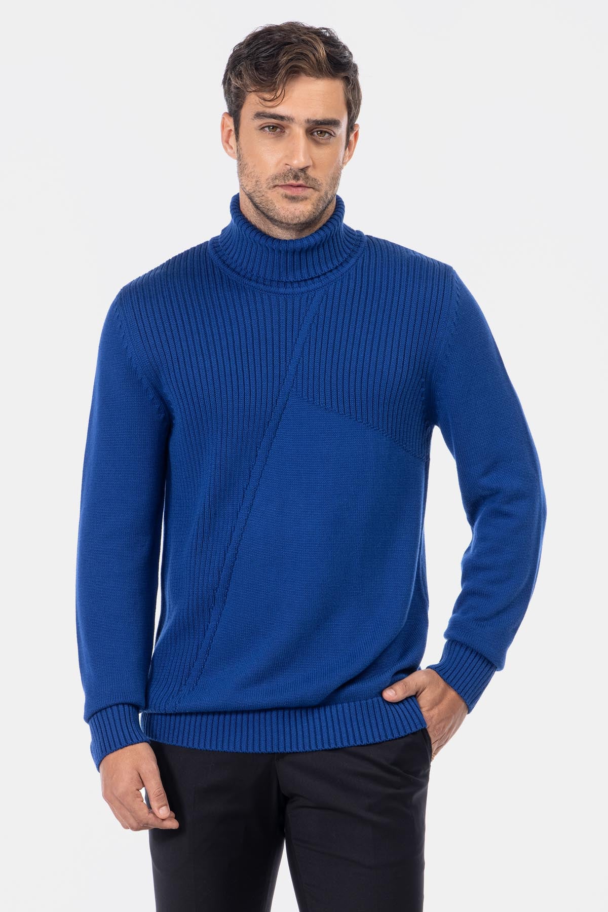 Jacquard Knitted High-neck Byzantine Blue Pullover