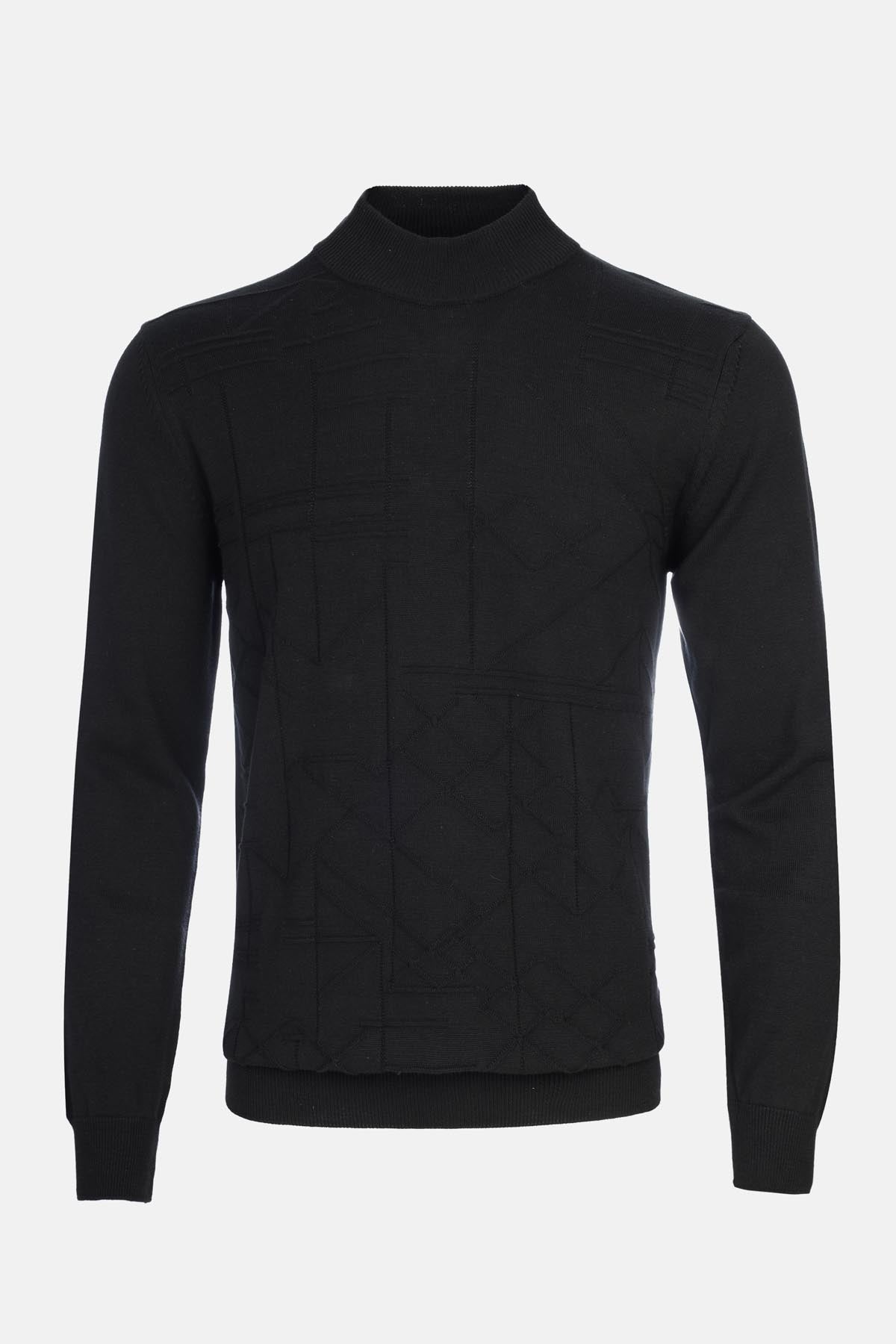 Jacquard Knitted Mock Neck Black Pullover