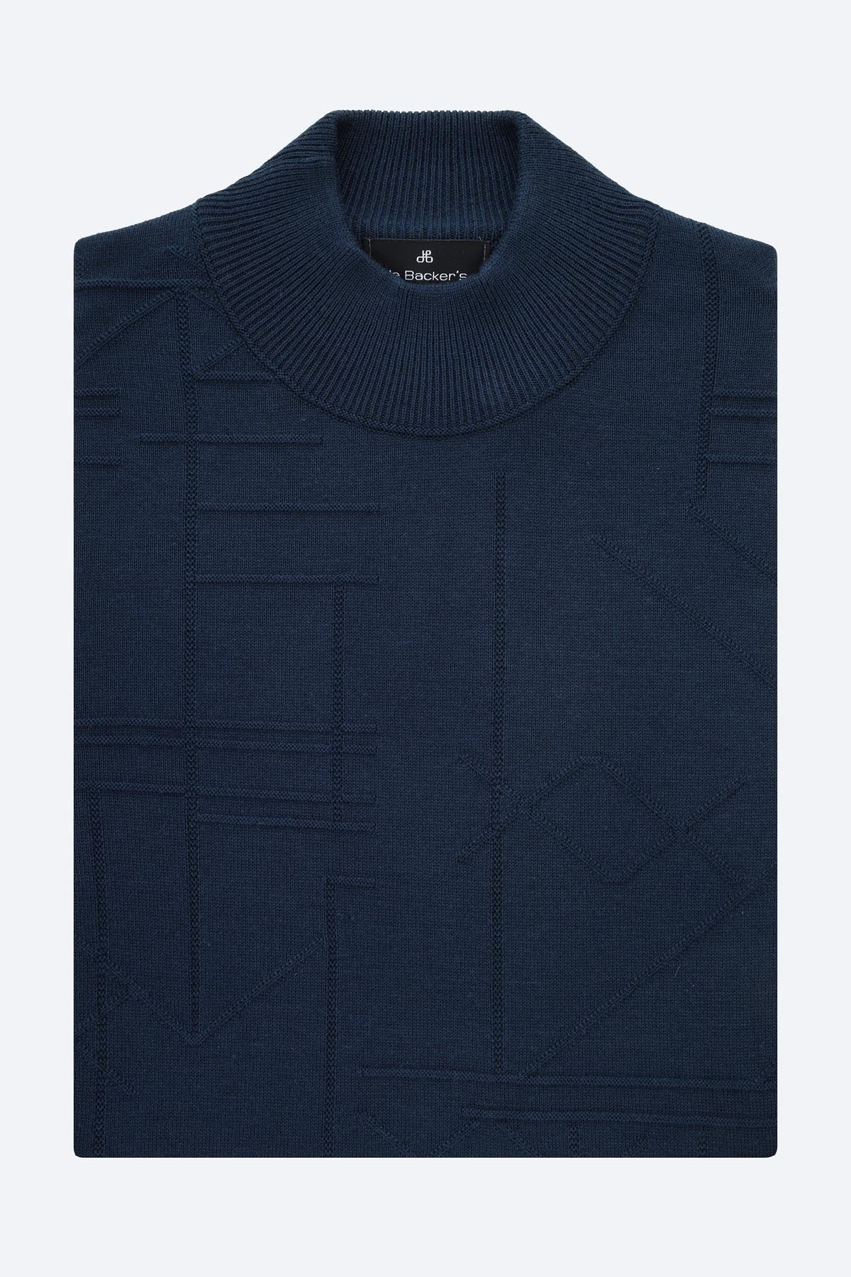 Jacquard Knitted Mock Neck Navy Pullover