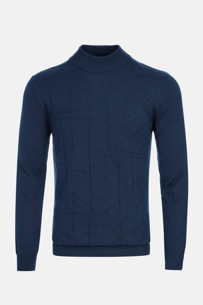 Jacquard Knitted Mock Neck Navy Pullover
