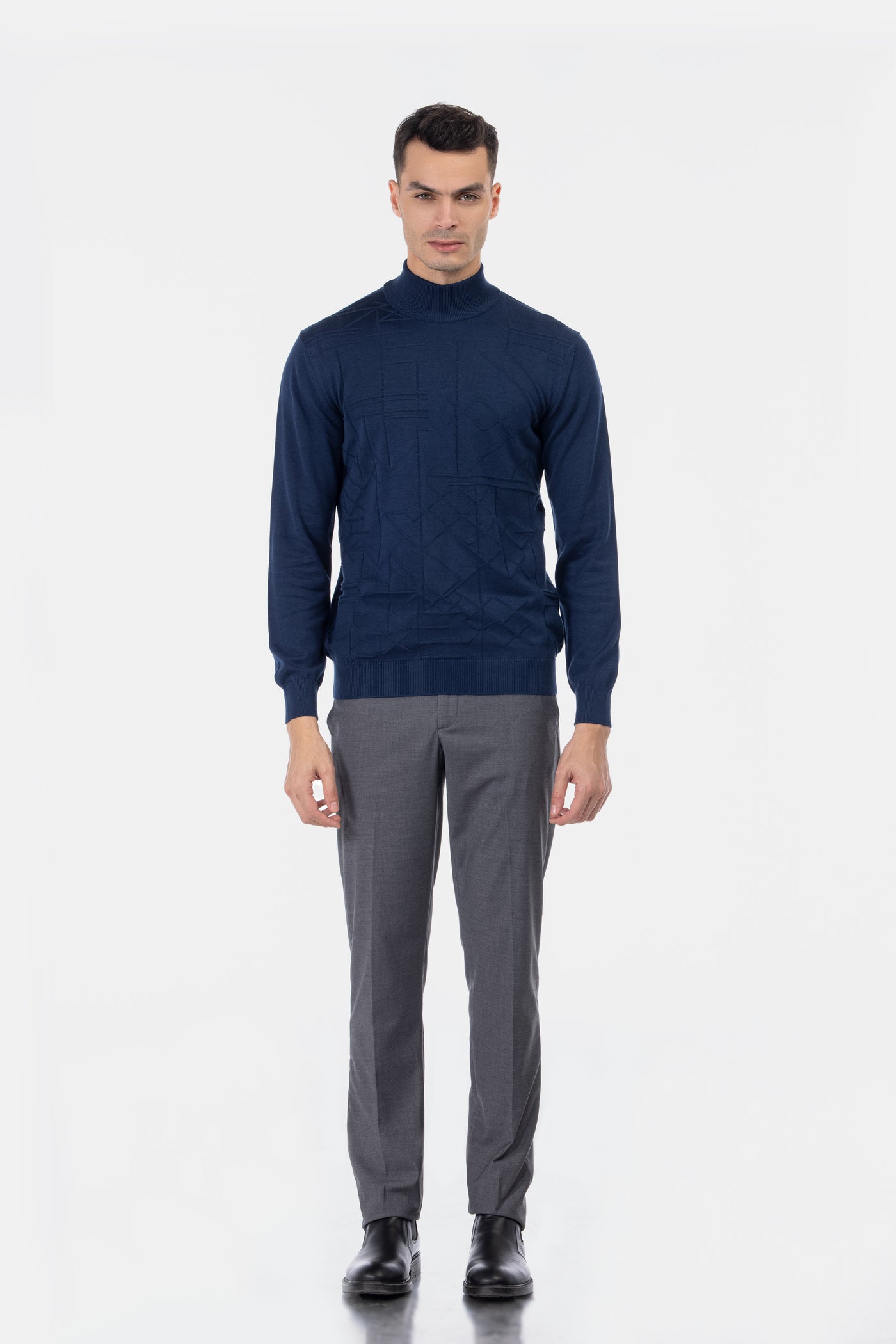 Jacquard Knitted Mock Neck Navy Pullover