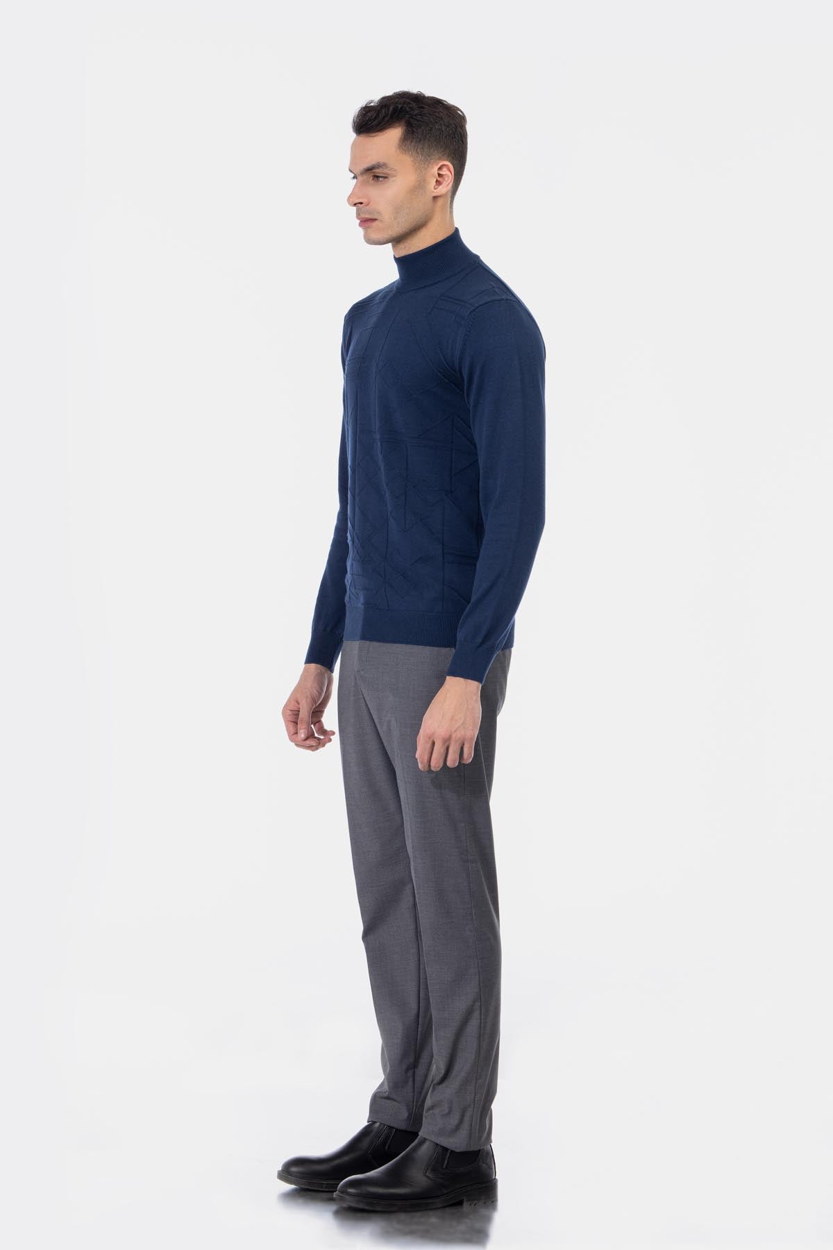 Jacquard Knitted Mock Neck Navy Pullover