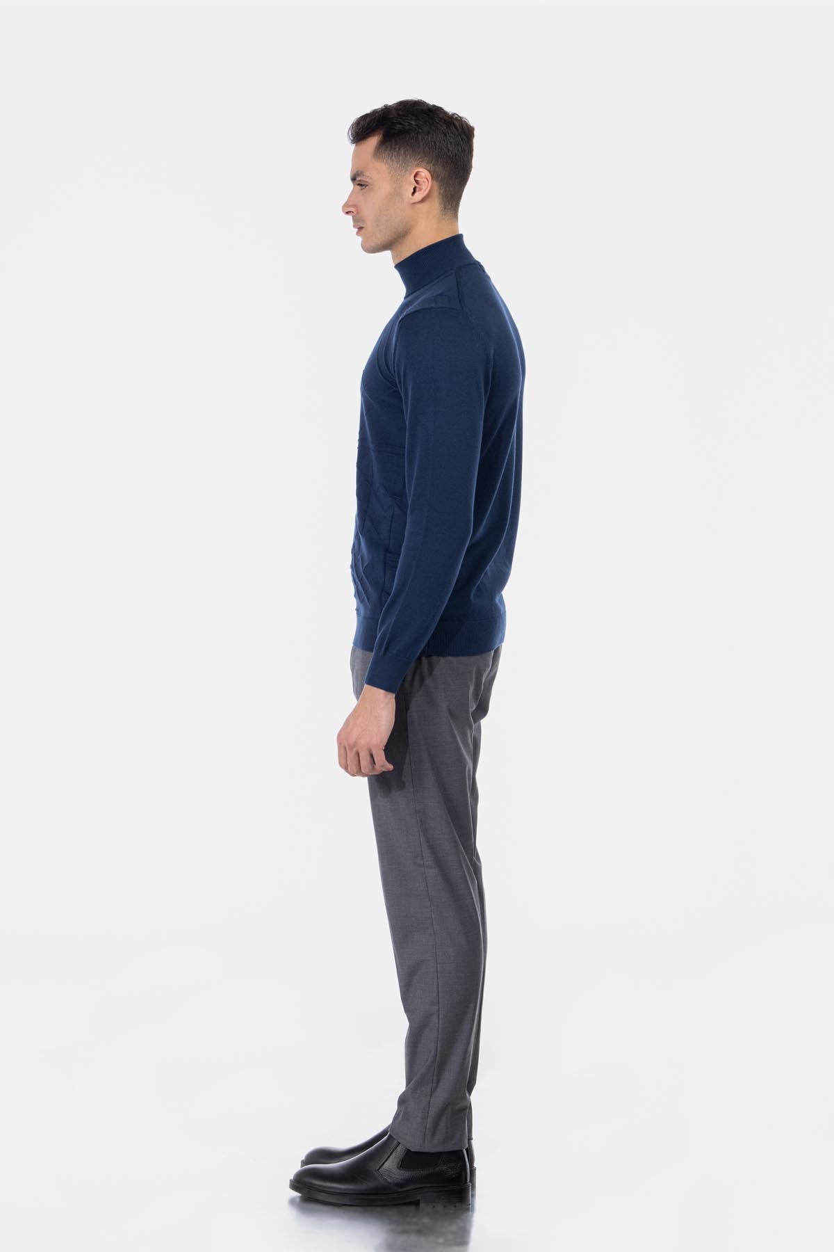 Jacquard Knitted Mock Neck Navy Pullover