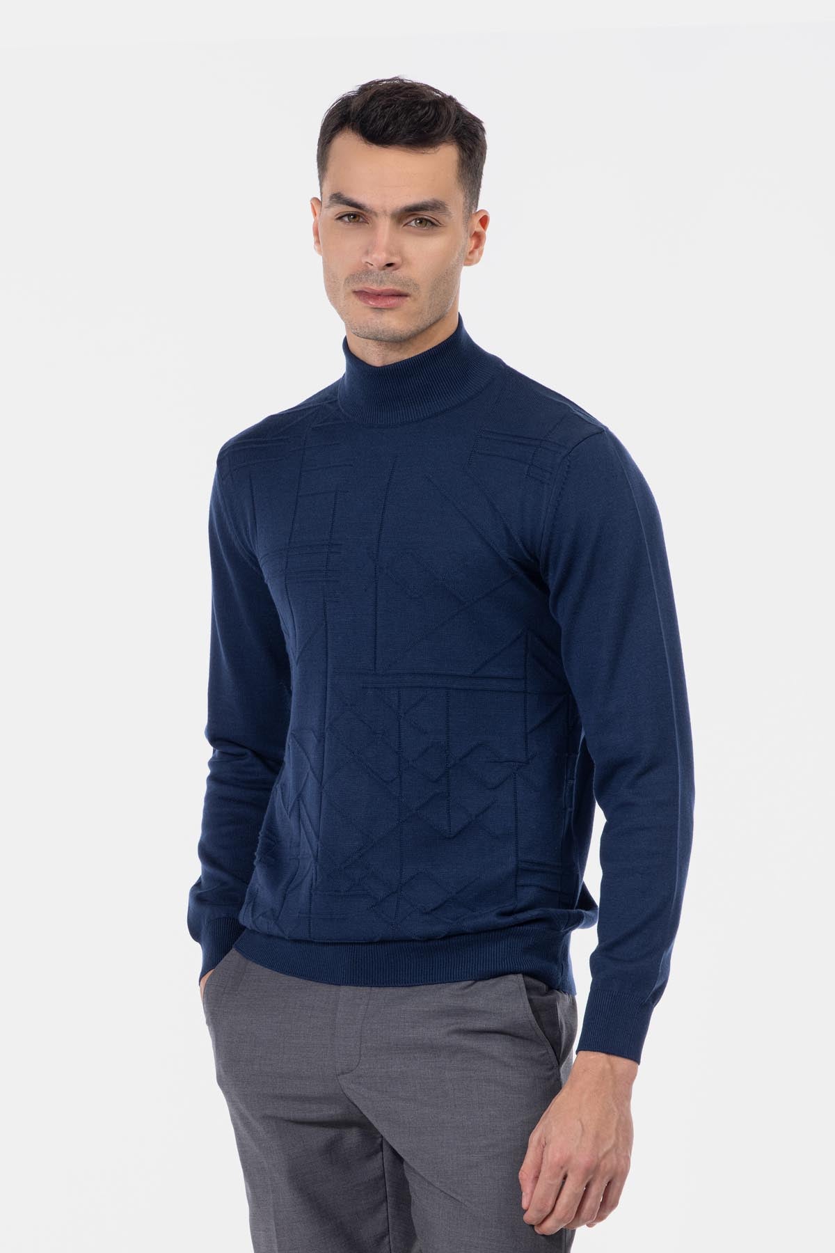 Jacquard Knitted Mock Neck Navy Pullover