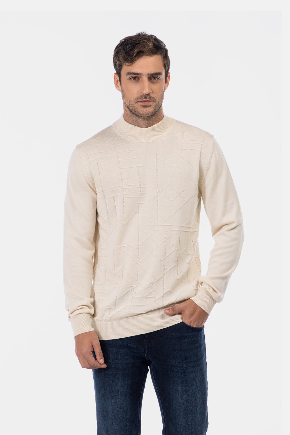 Jacquard Knitted Mock Neck Papaya Whip Pullover