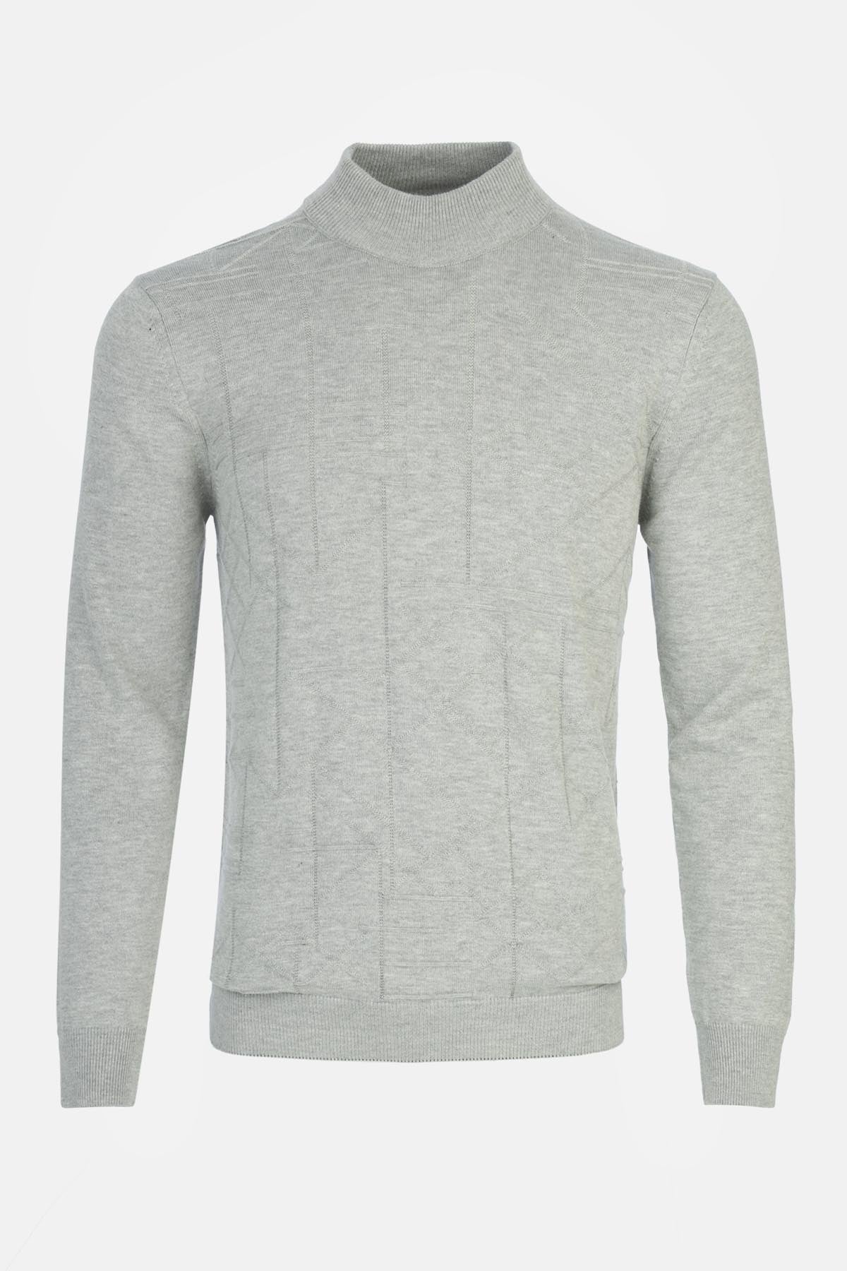 Jacquard Knitted Mock Neck Gray Pullover