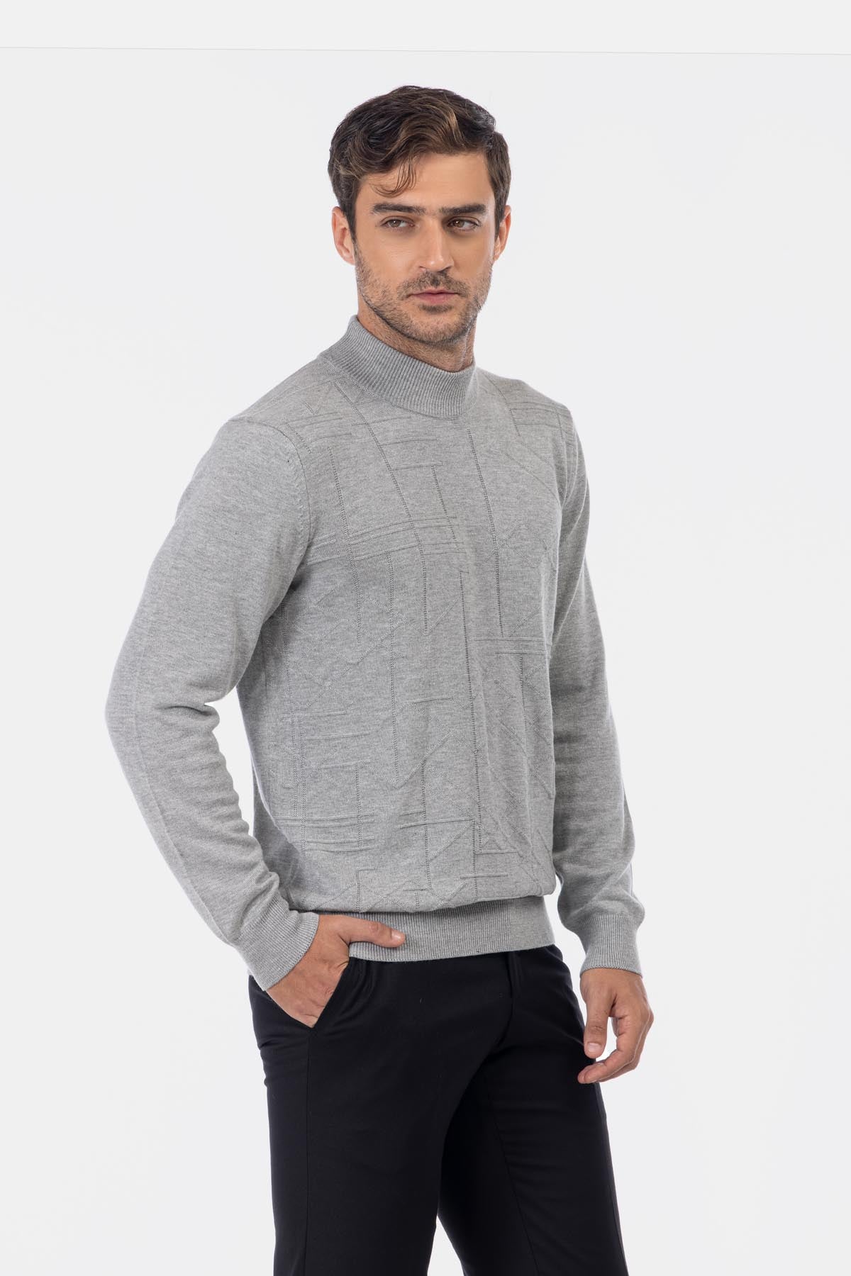 Jacquard Knitted Mock Neck Gray Pullover