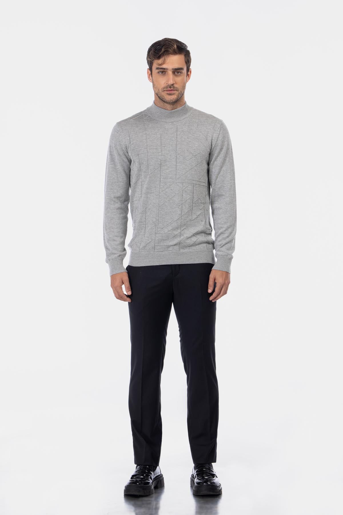 Jacquard Knitted Mock Neck Gray Pullover