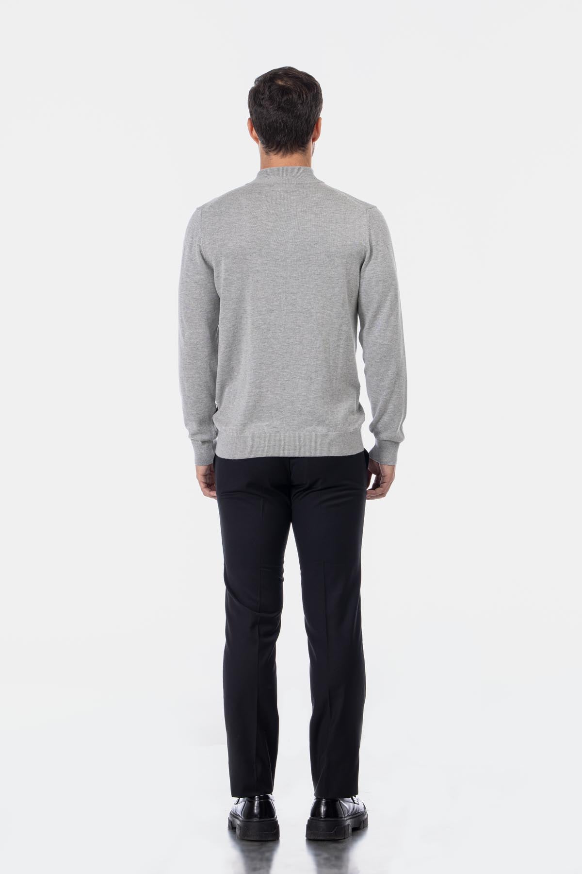 Jacquard Knitted Mock Neck Gray Pullover