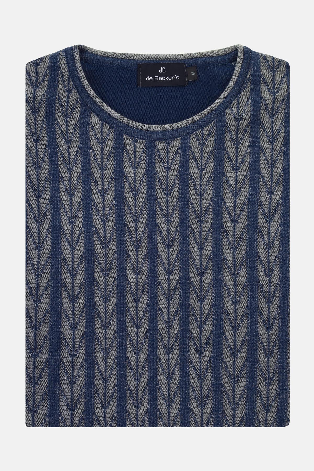 Jacquard Round Neck Navy and Silver Knitted Pullover