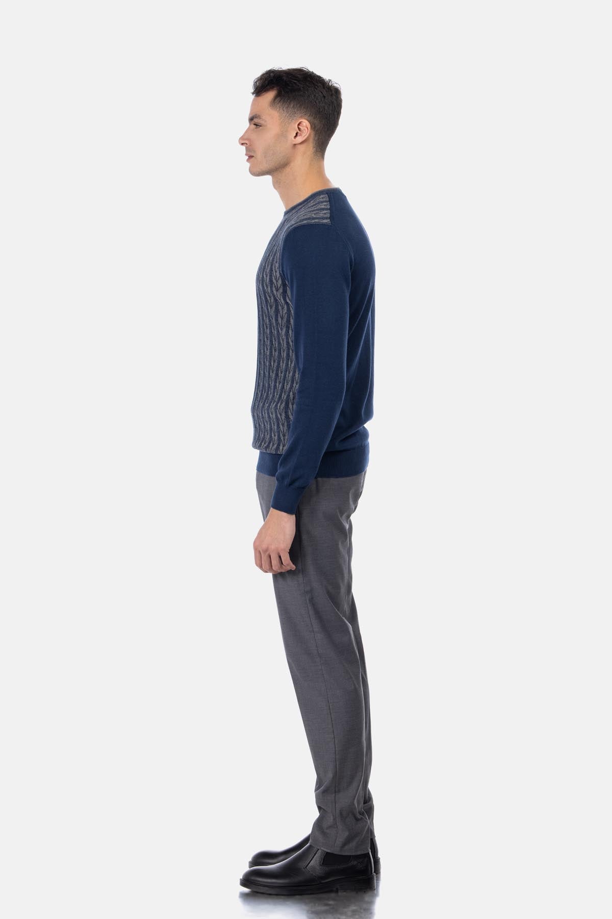 Jacquard Round Neck Navy and Silver Knitted Pullover