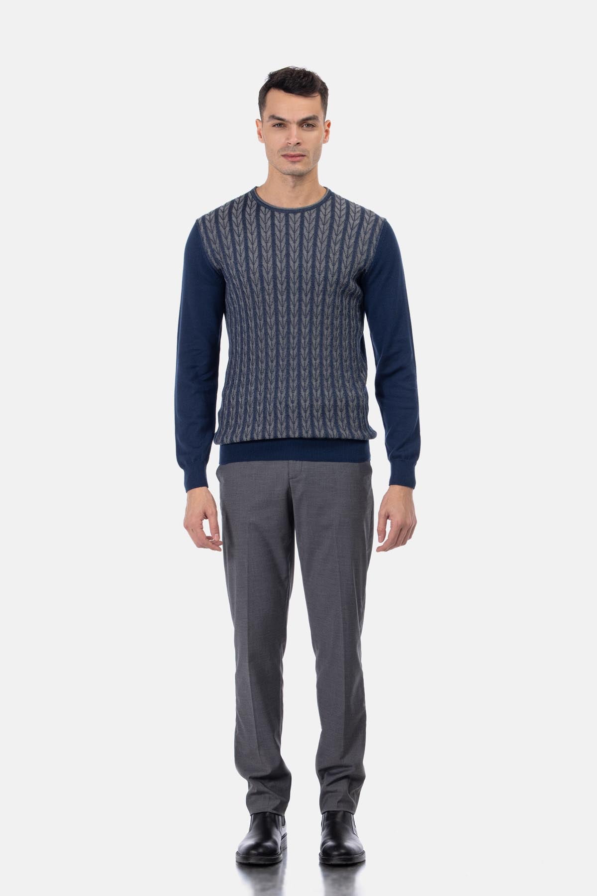 Jacquard Round Neck Navy and Silver Knitted Pullover