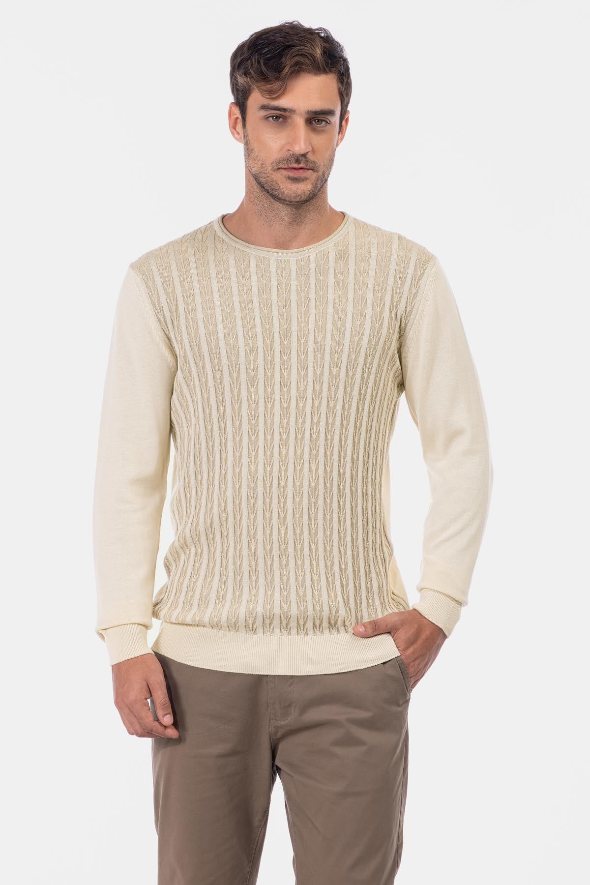 Jacquard Round Neck Beige Knitted Pullover