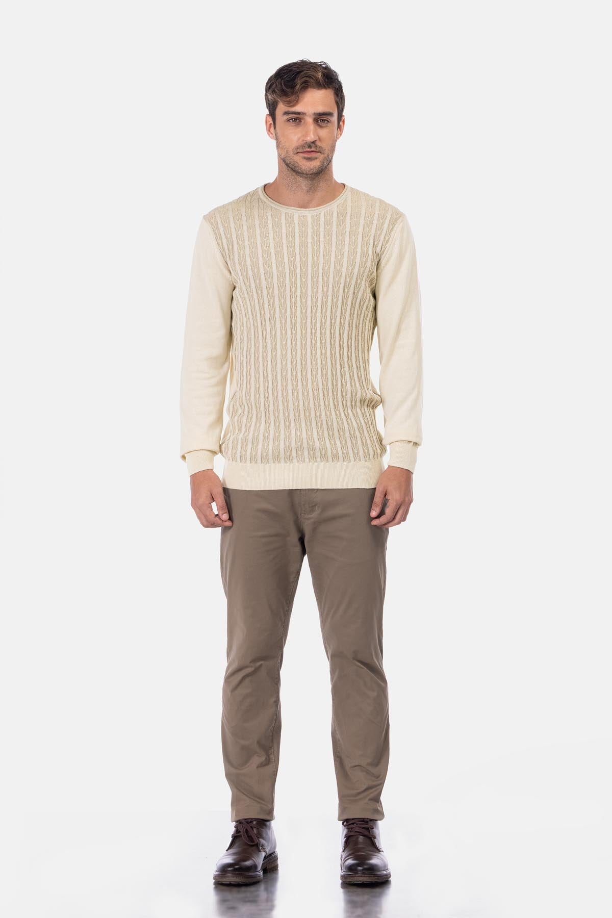 Jacquard Round Neck Beige Knitted Pullover