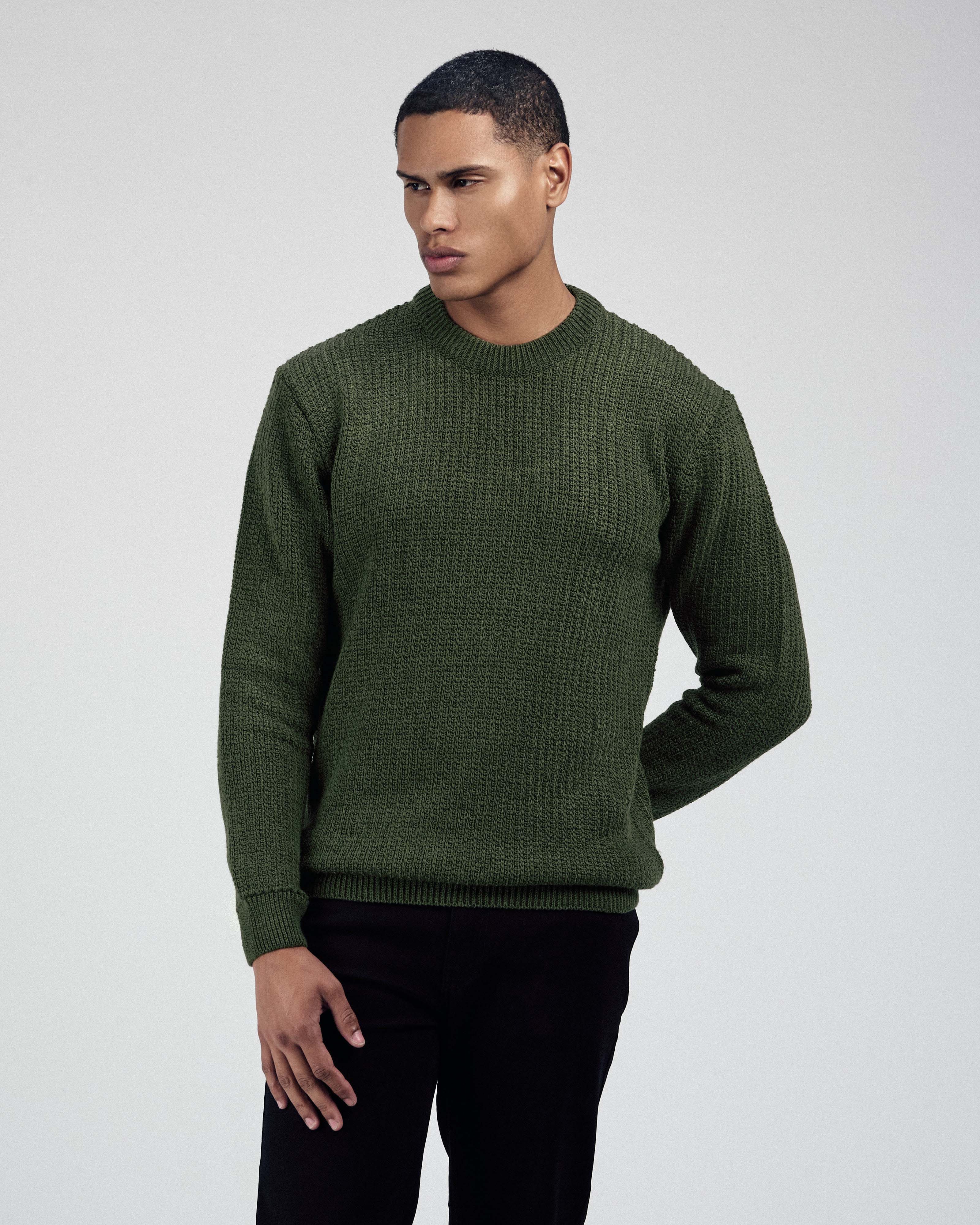 Knitted Dark Green Moc-Neck Pullover