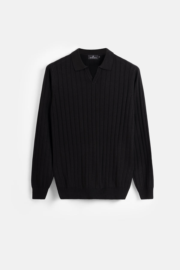Striped Long Sleeves Black Polo Shirt - 1