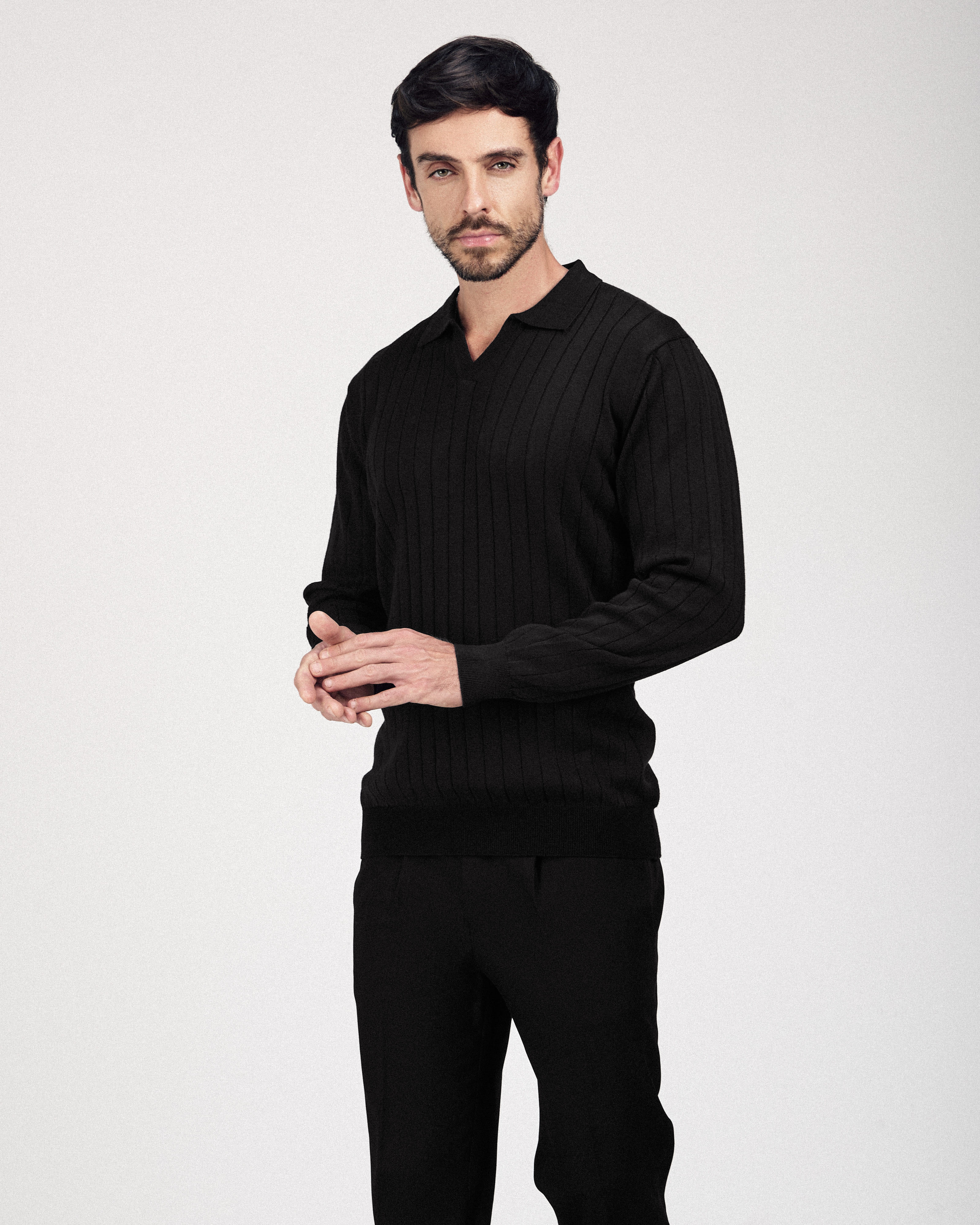 Striped Long Sleeves Black Polo Shirt