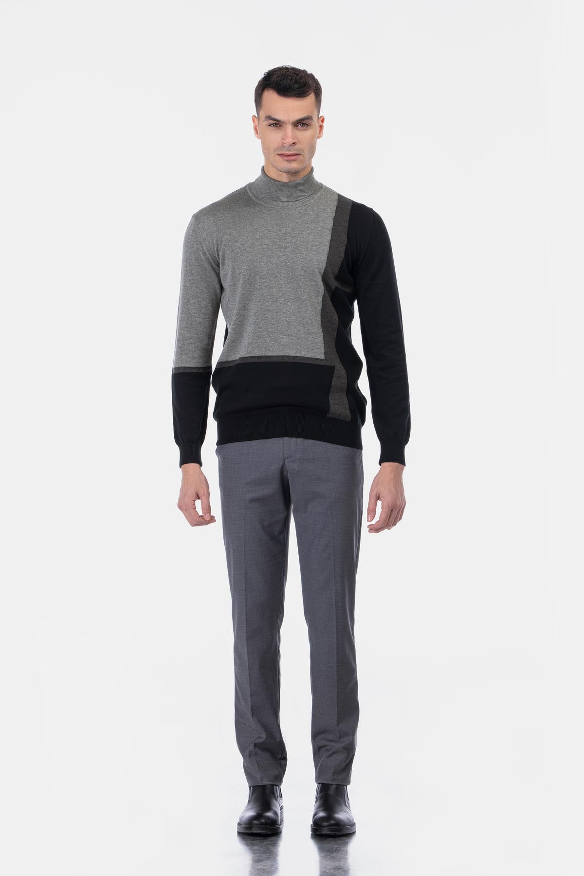 Jacquard Knitted High-neck Black & Gray Pullover