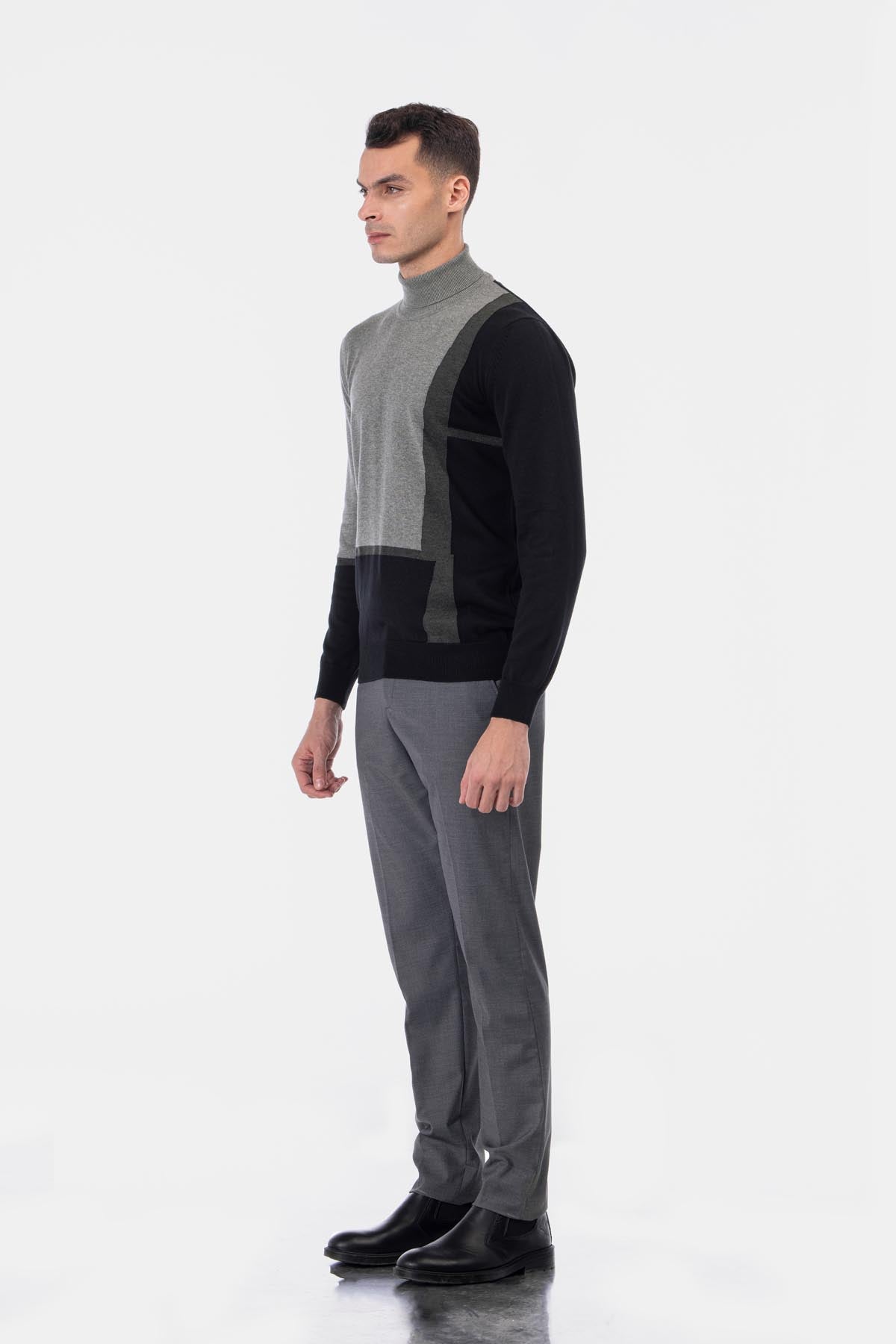 Jacquard Knitted High-neck Black & Gray Pullover