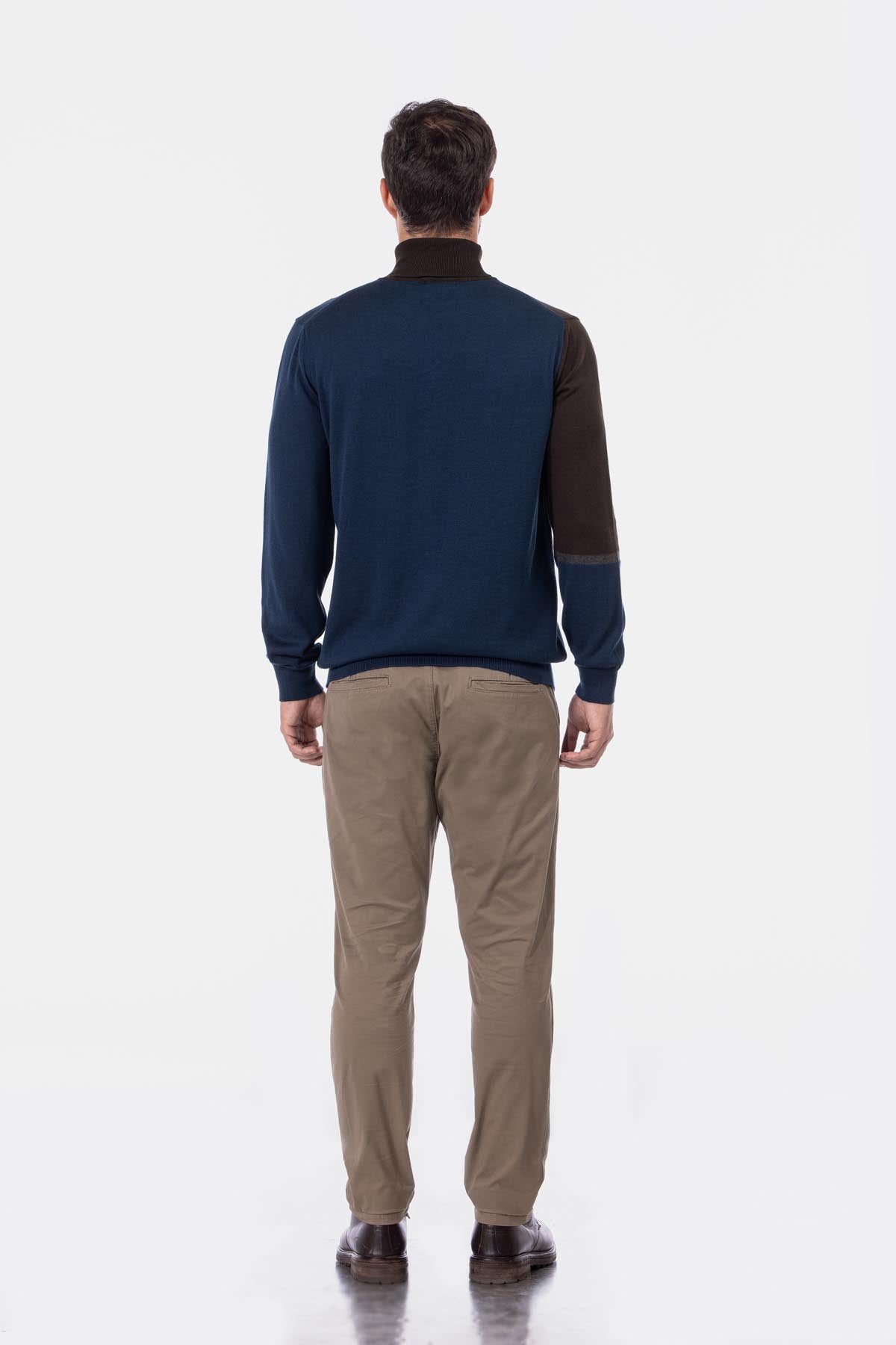 Jacquard Knitted High-neck Brown & Navy Pullover