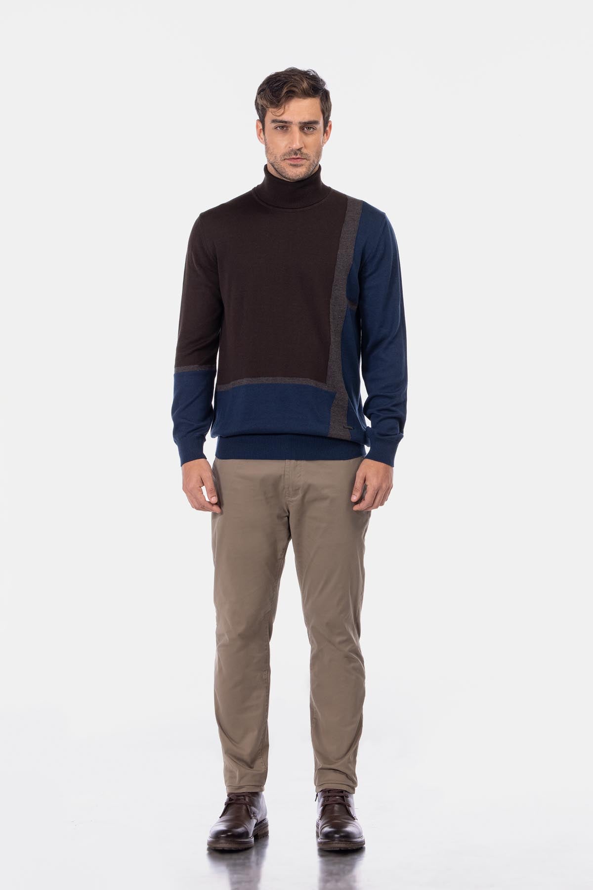 Jacquard Knitted High-neck Brown & Navy Pullover