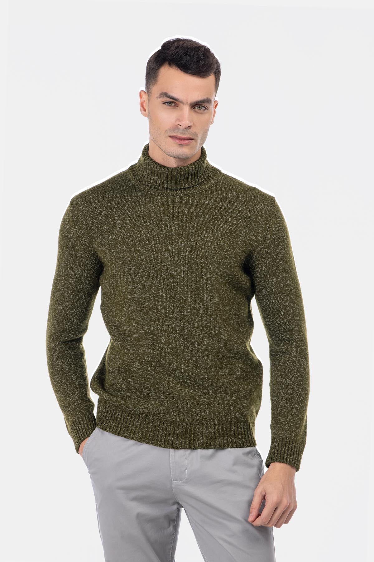 Jacquard Knitted Heavy Dark Green High-neck  Pullover