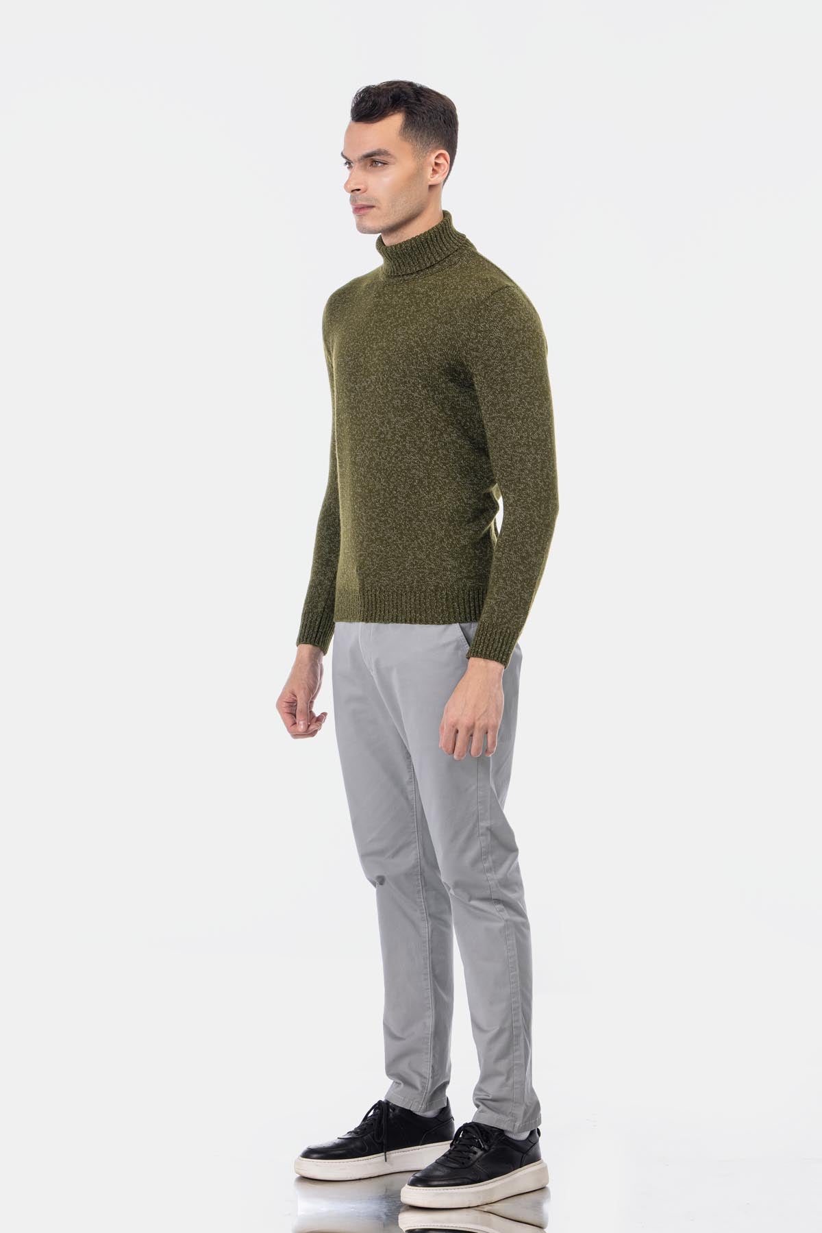 Jacquard Knitted Heavy Dark Green High-neck  Pullover