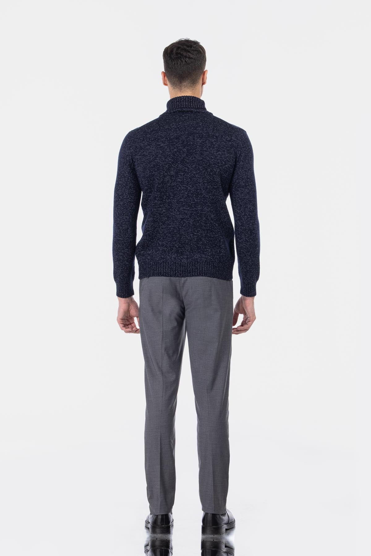 Jacquard Knitted Heavy Midnight Blue High-neck  Pullover