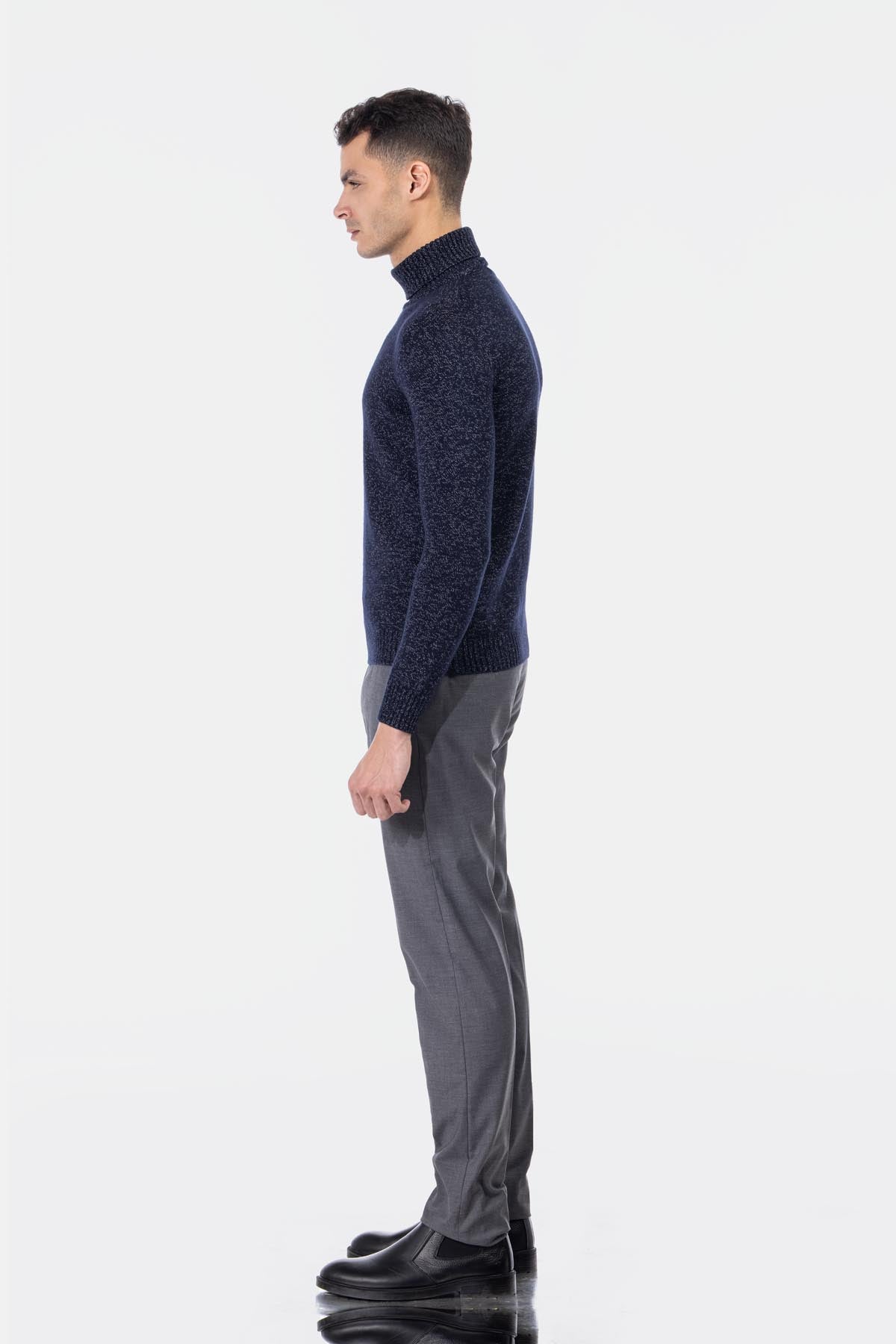 Jacquard Knitted Heavy Midnight Blue High-neck  Pullover