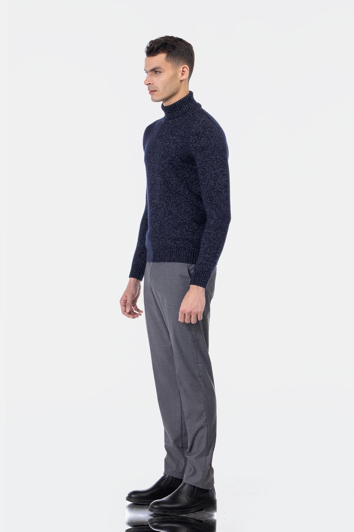 Jacquard Knitted Heavy Midnight Blue High-neck  Pullover