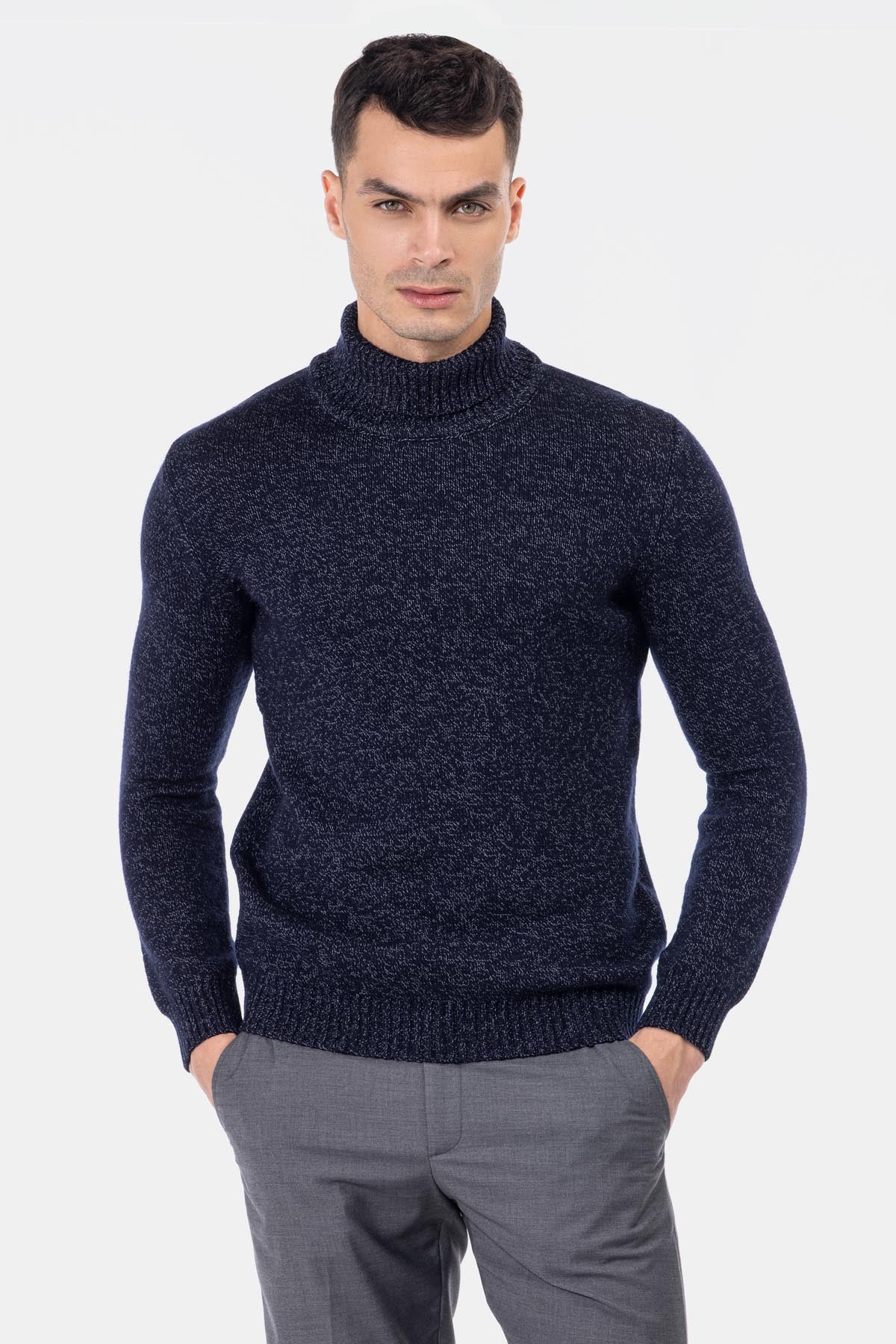 Jacquard Knitted Heavy Midnight Blue High-neck  Pullover