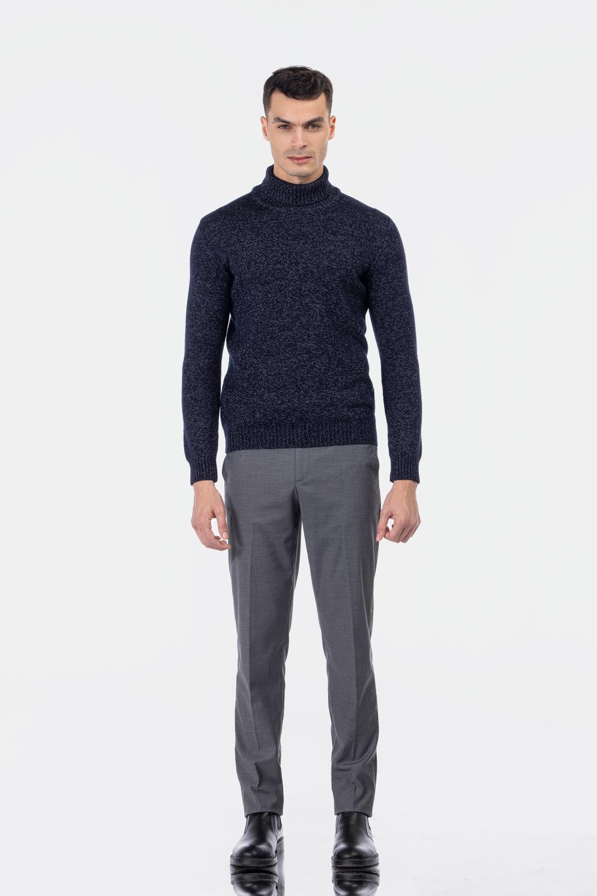 Jacquard Knitted Heavy Midnight Blue High-neck  Pullover