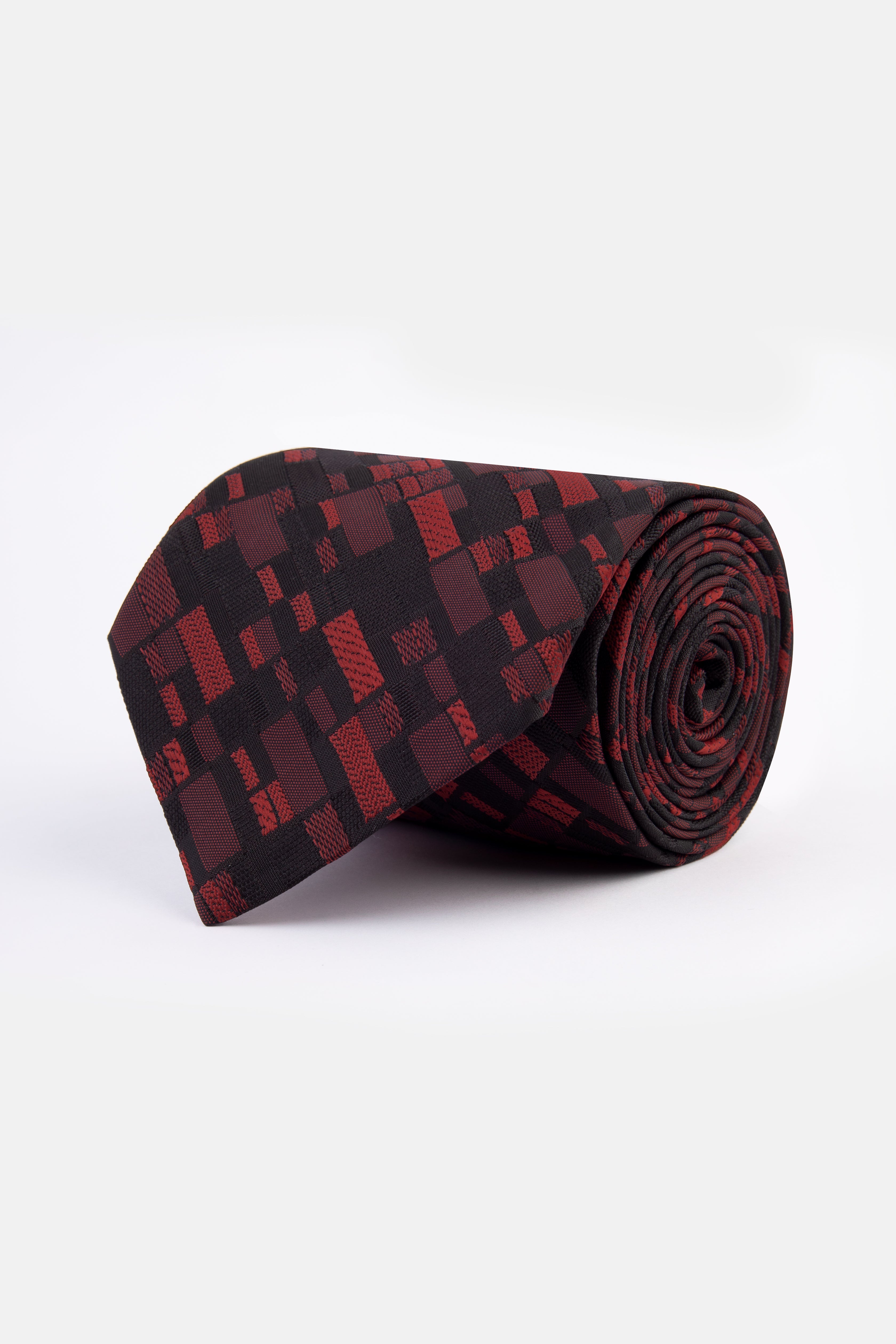 Jacquard Geometric Black & Red Necktie - 1
