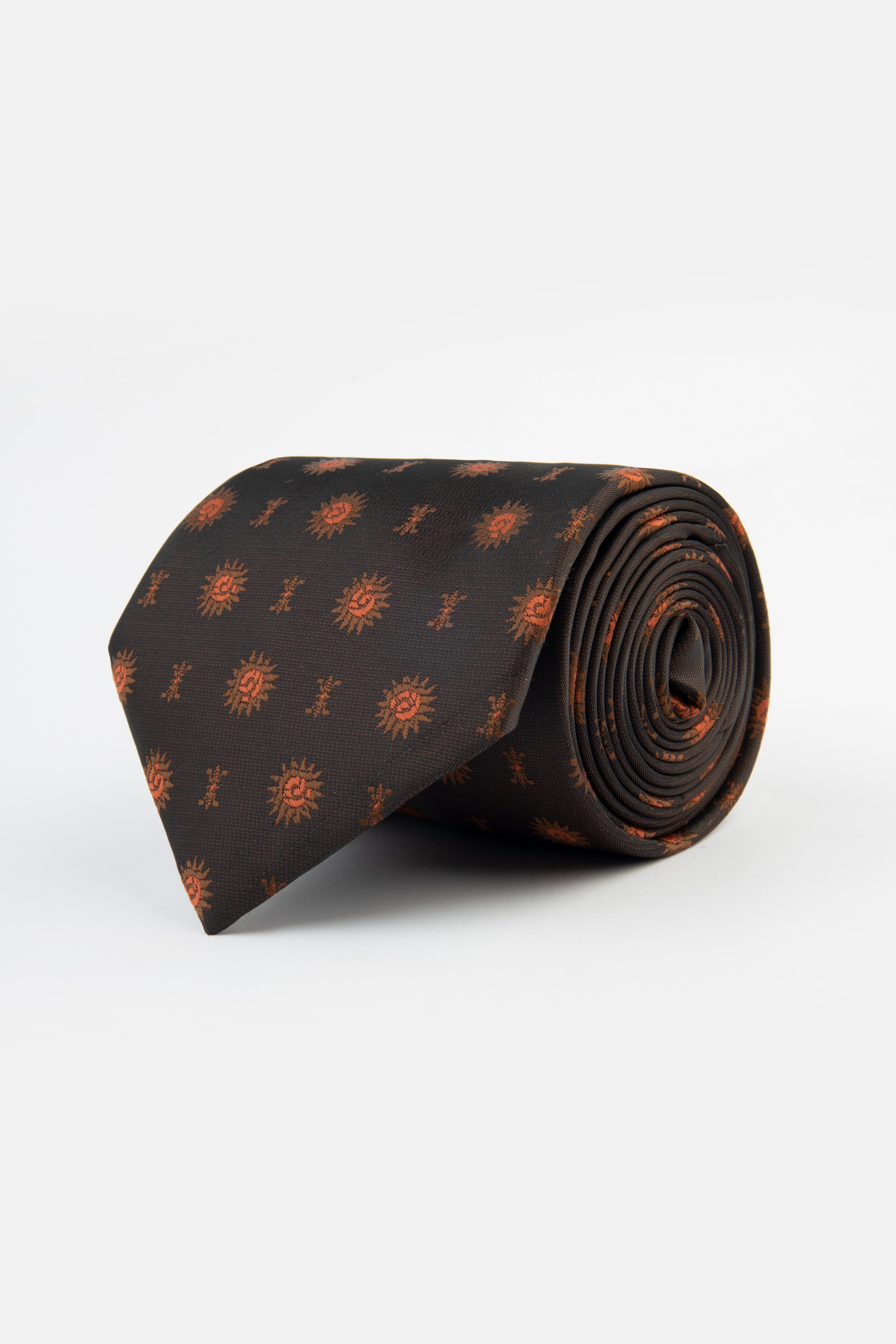 Jacquard Geometric Dark Brown & Orange Necktie - 1