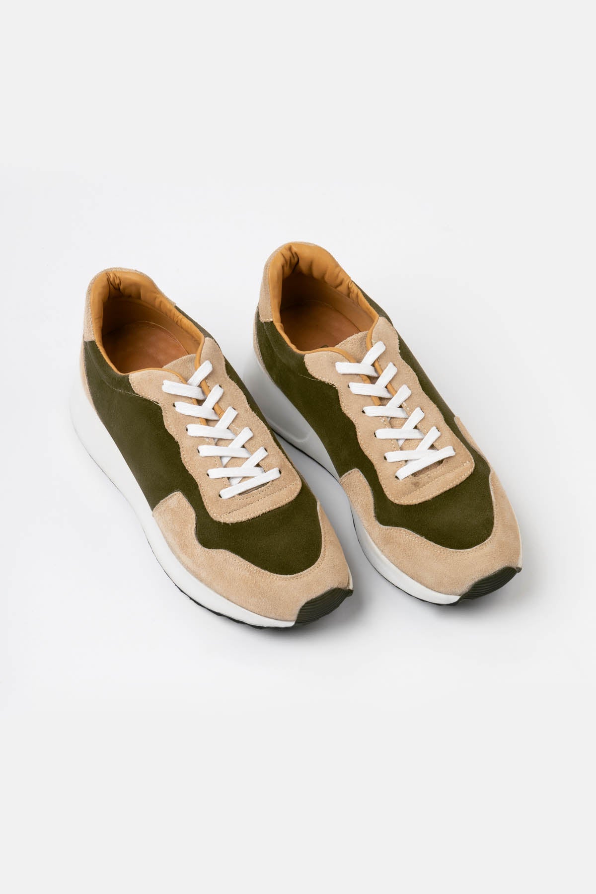 Light Beige & Drack Green Chamois Sneakers - 2