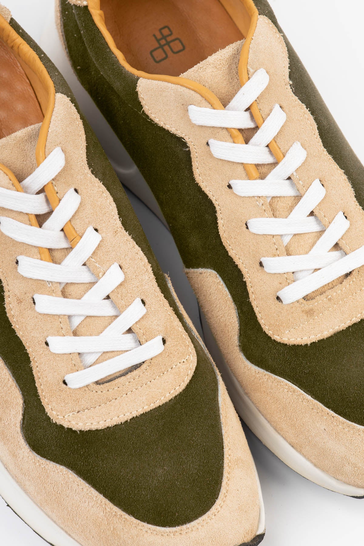 Light Beige & Drack Green Chamois Sneakers