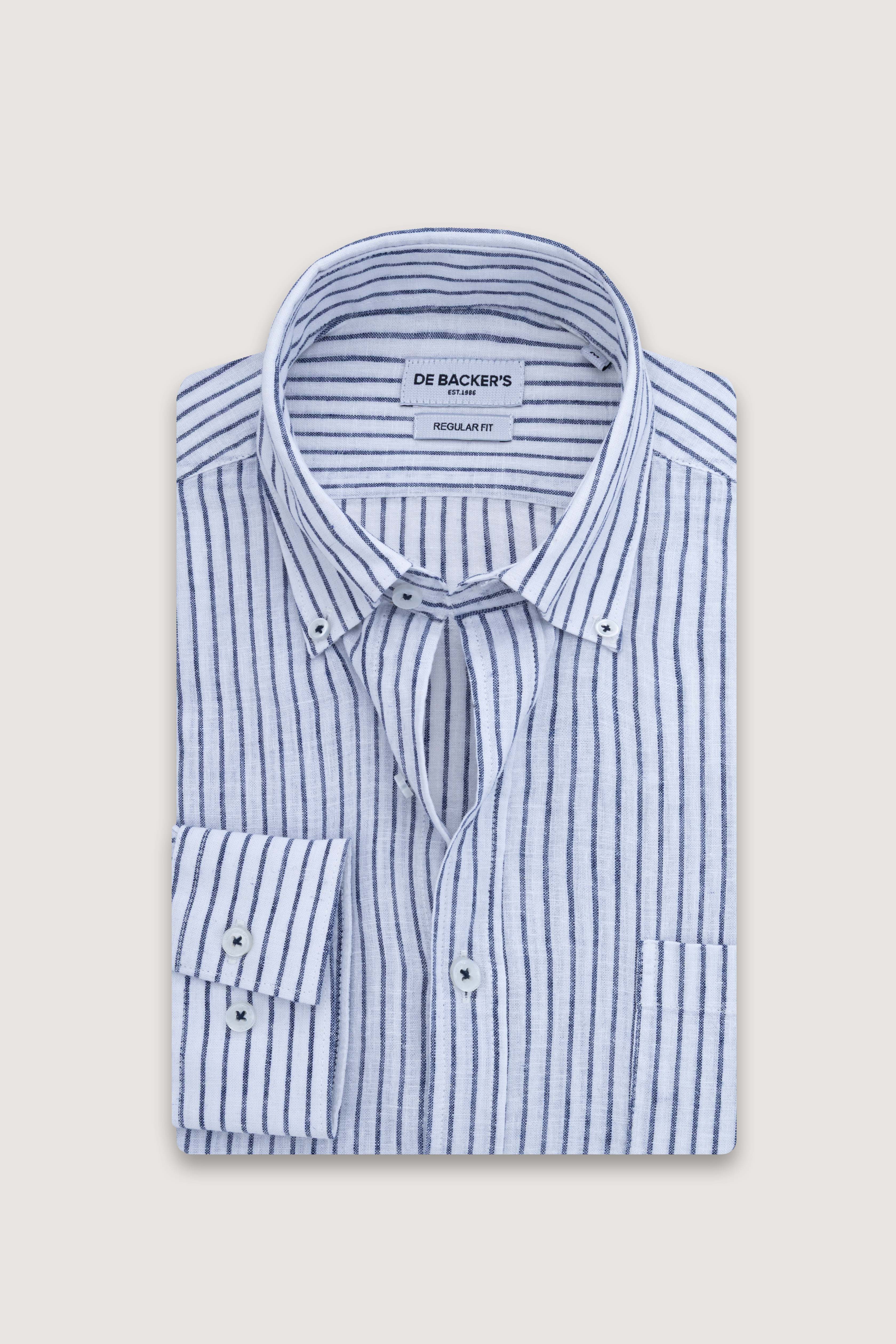 Navy Striped Linin Blend Smart Casual Shirt