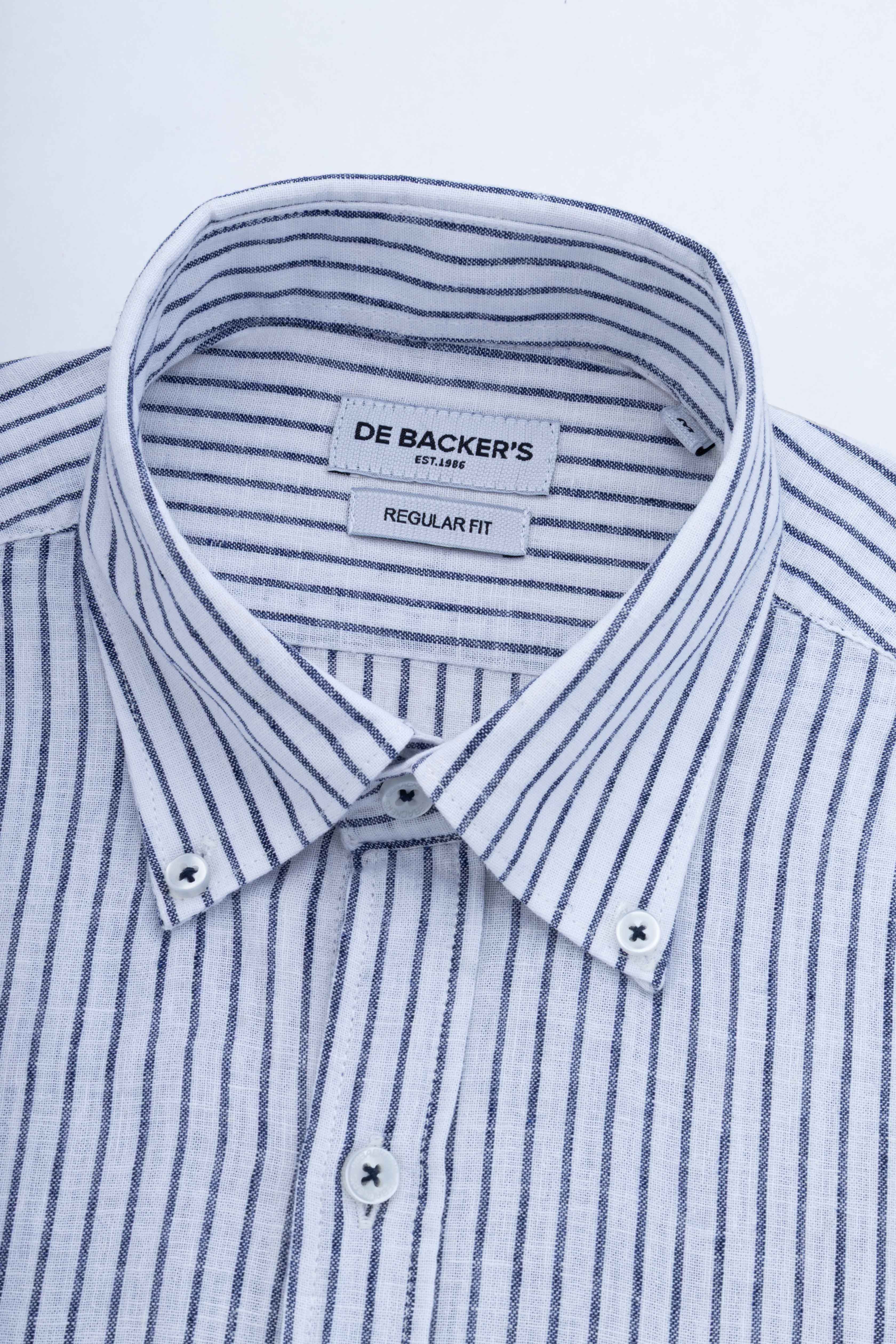 Navy Striped Linin Blend Smart Casual Shirt