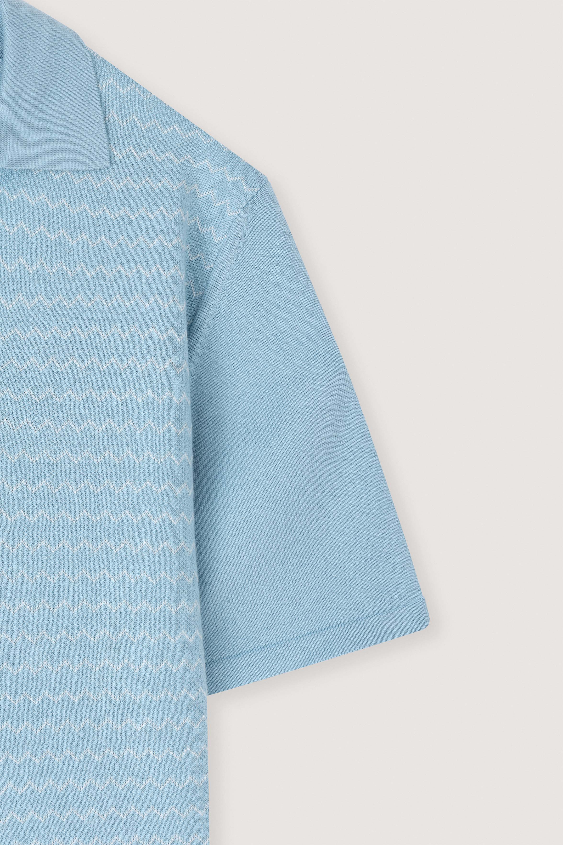 Light Blue Striped Knitted V-Neck Polo Shirt