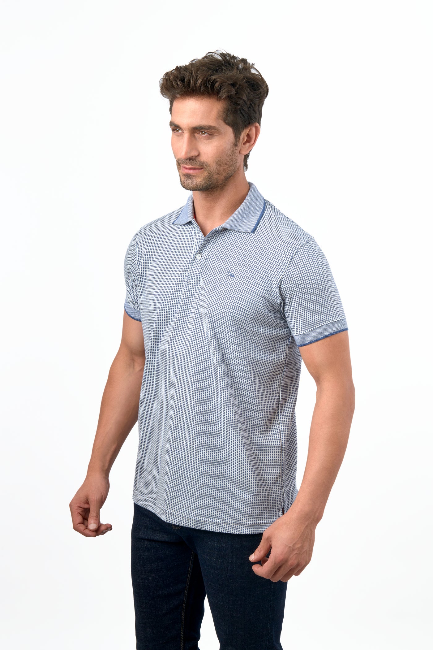 Jacquard Checked Knitted White & Blue Cotton Polo