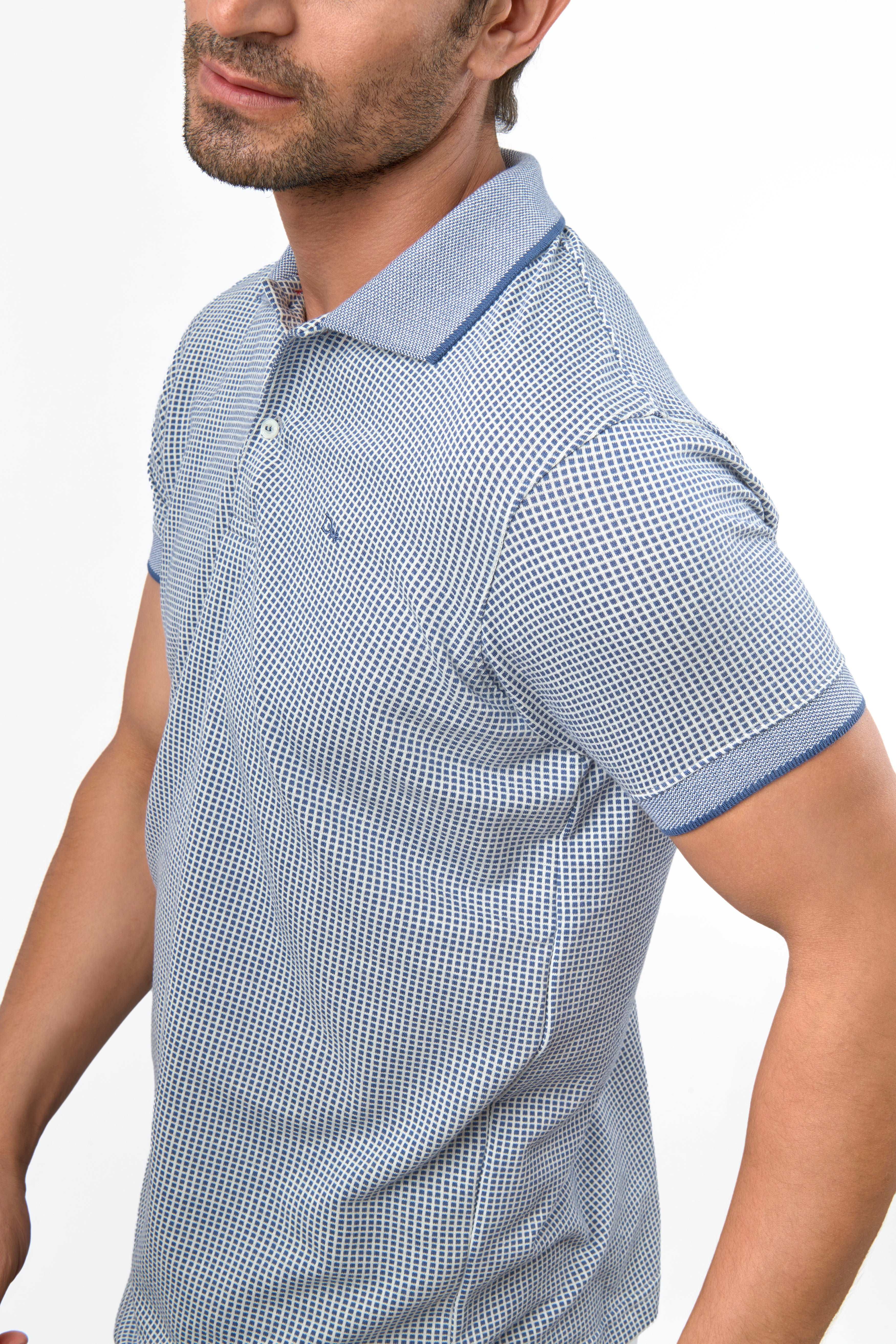 Jacquard Checked Knitted White & Blue Cotton Polo